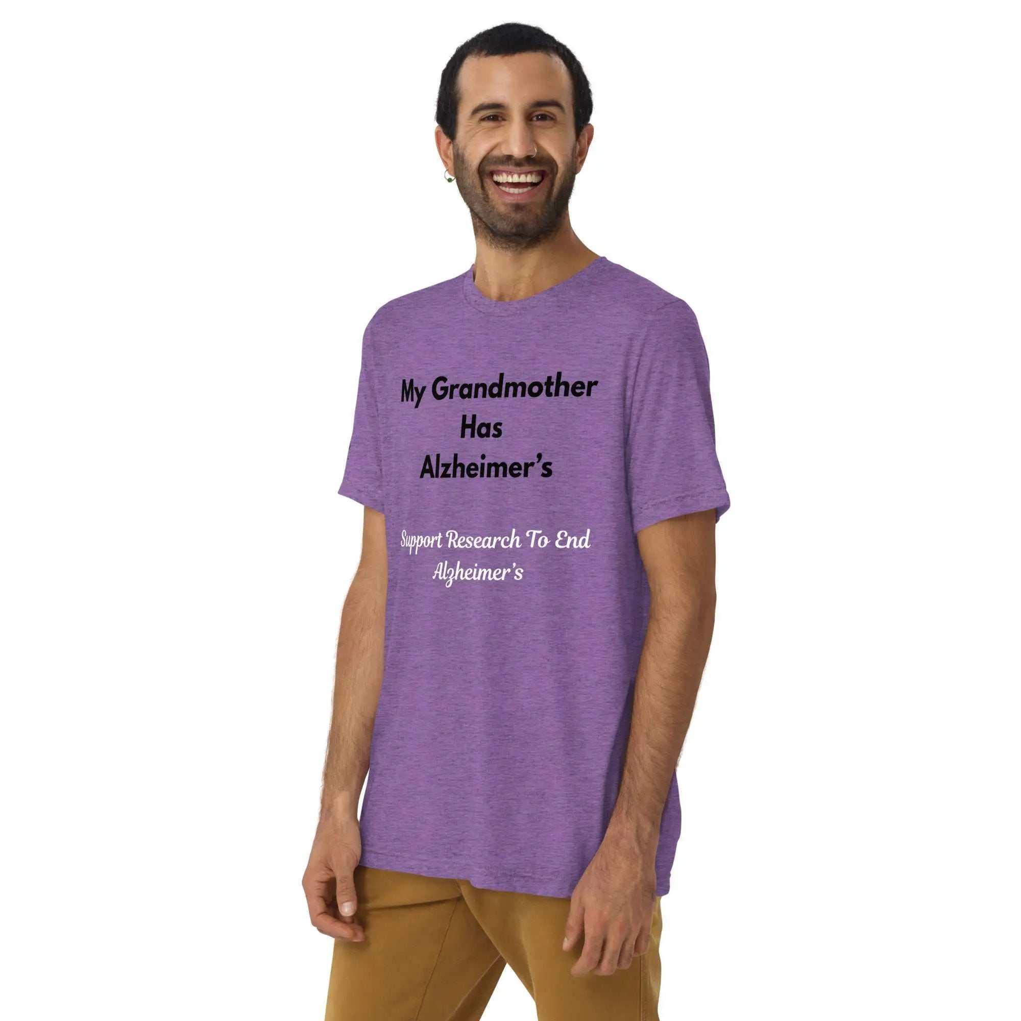 Man wearing purple Alzheimer's Awareness t-shirt with My Grandmother Has Alzheimer's text