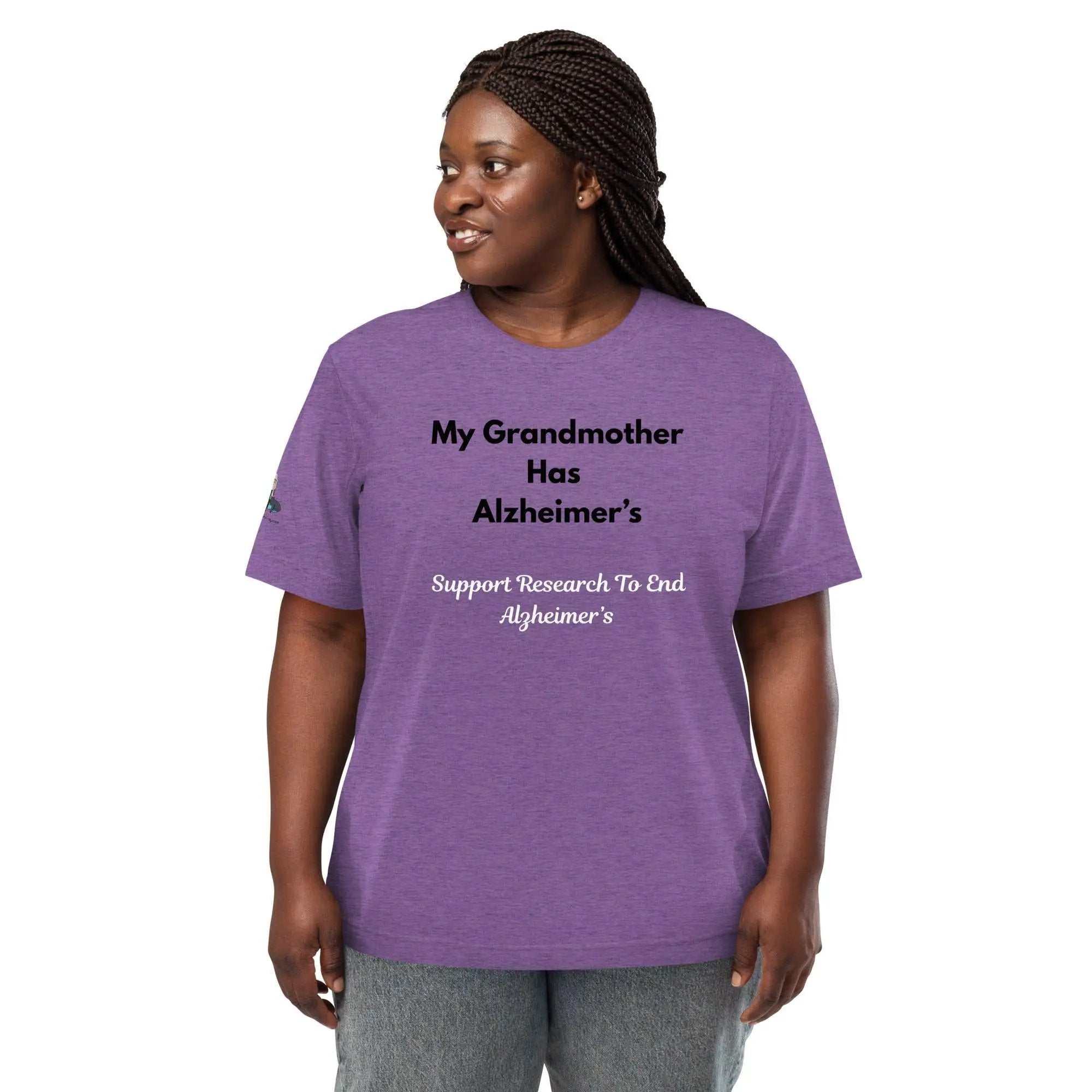 Person wearing a purple Alzheimer's Awareness shirt with the text My Grandmother Has Alzheimer's