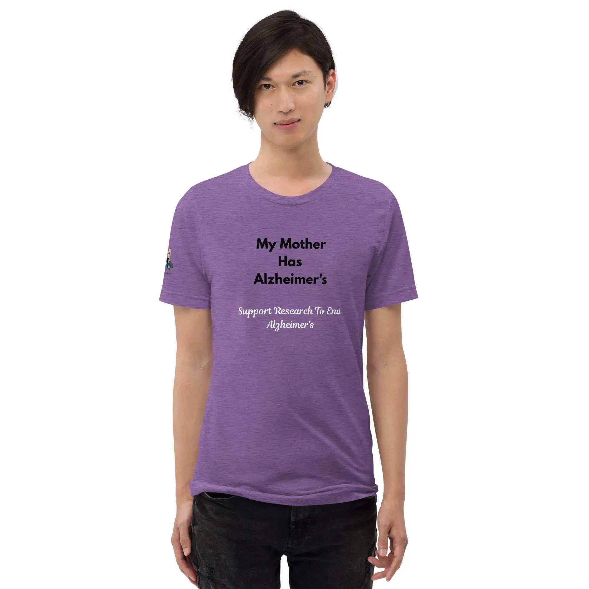 Person wearing a purple Alzheimer's Awareness shirt with text My Mother Has Alzheimer's