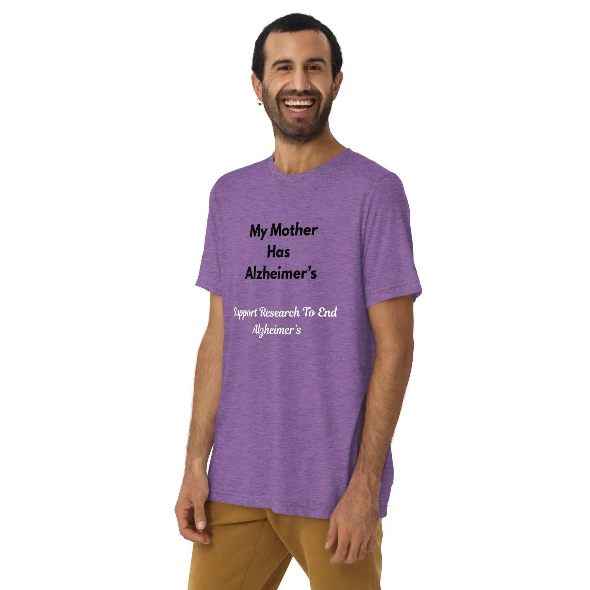 Man wearing purple Alzheimer's awareness t-shirt with text My Mother Has Alzheimer's