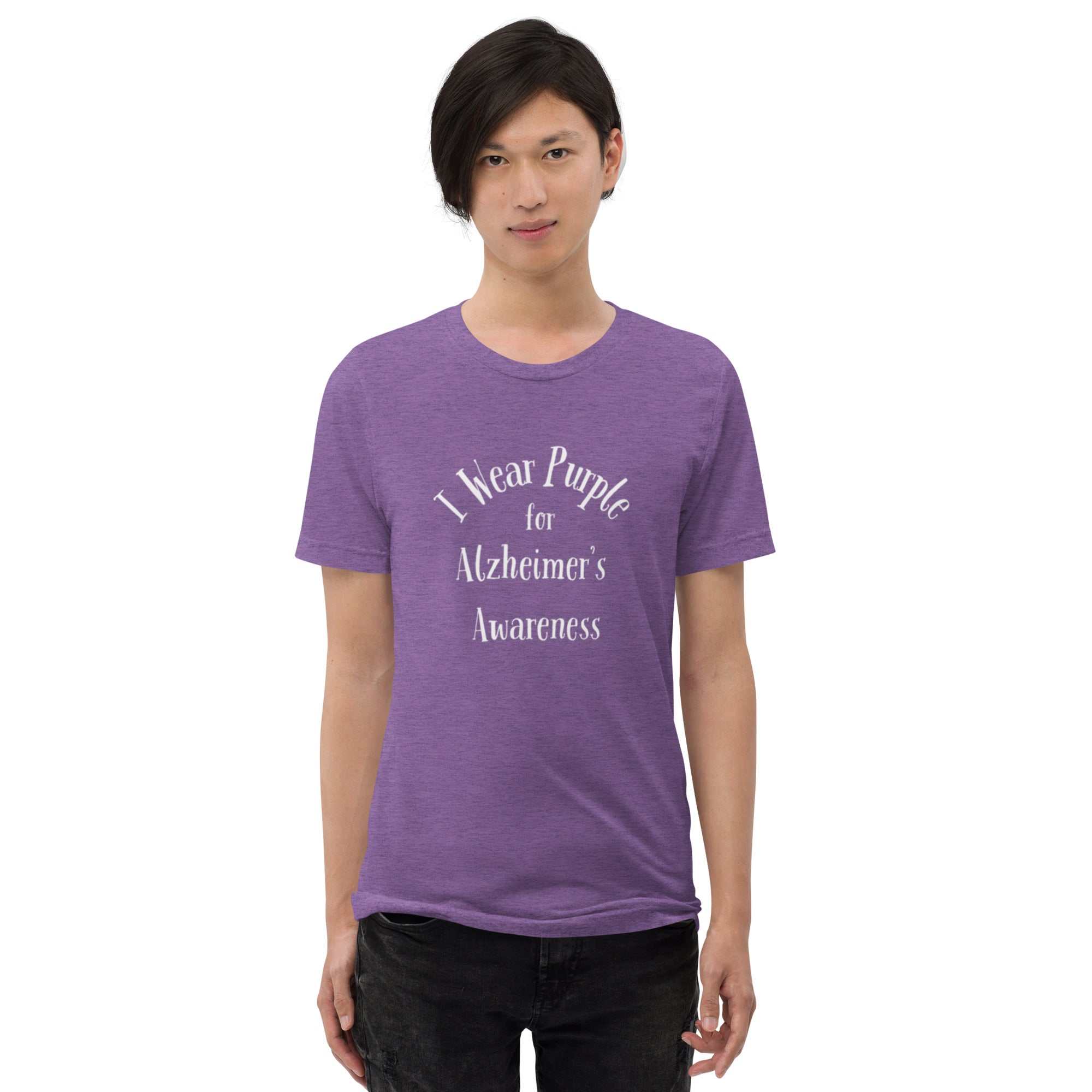 Man wearing a purple short sleeve t-shirt with I Wear Purple for Alzheimer's Awareness text