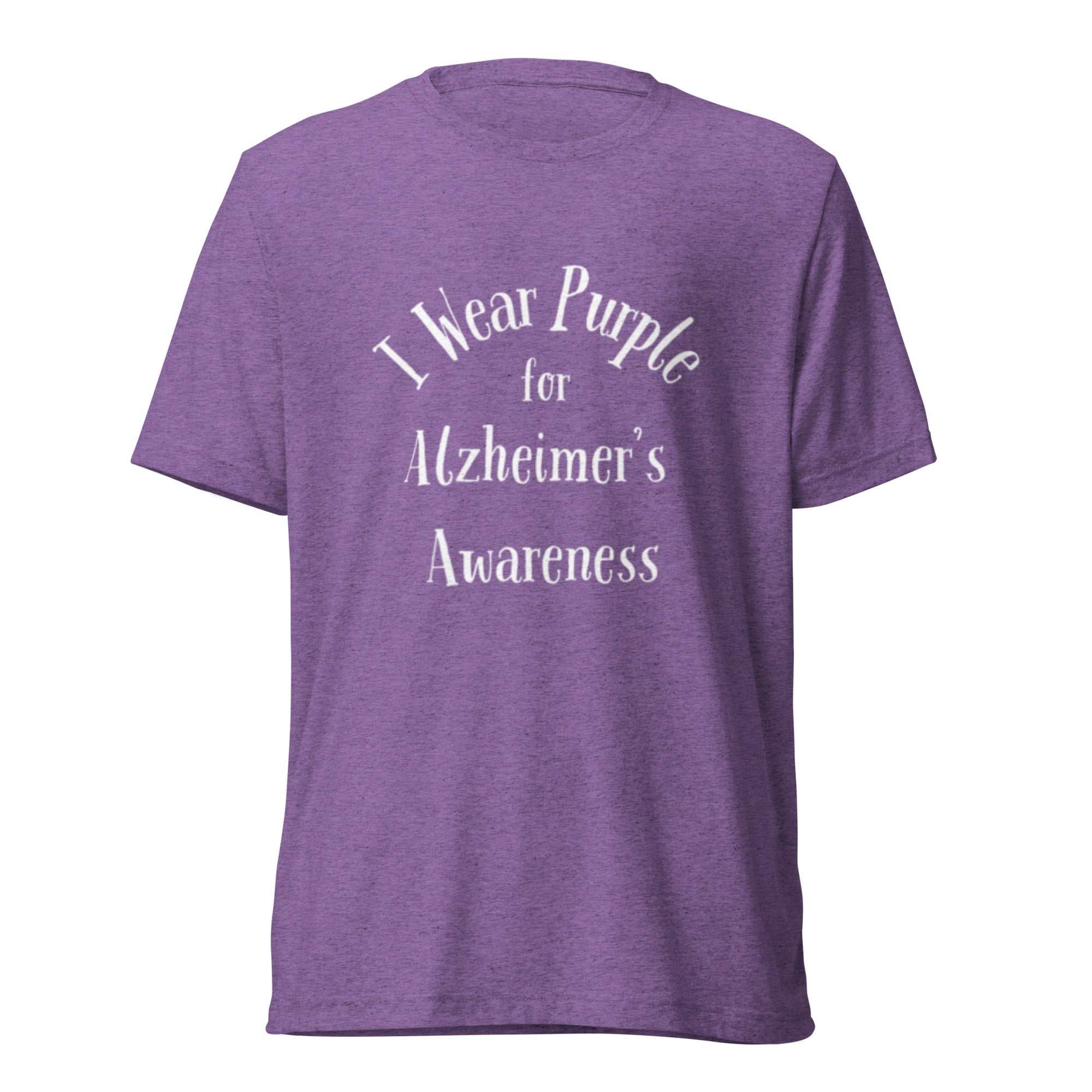 Purple short sleeve t-shirt with white text reading I Wear Purple for Alzheimer's Awareness