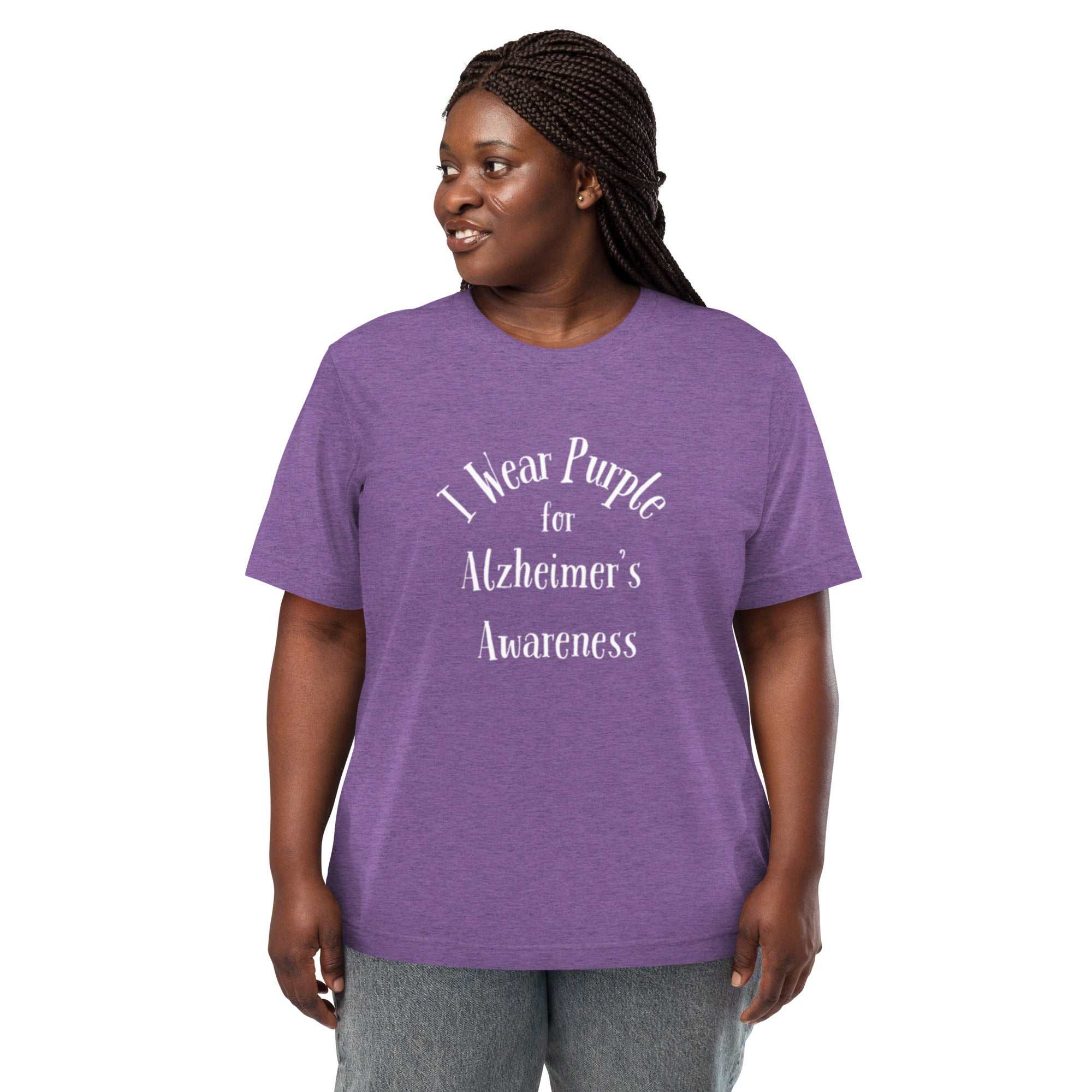 Short sleeve t-shirt with "I Wear Purple for Alzheimer's Awareness" message, made of tri-blend fabric