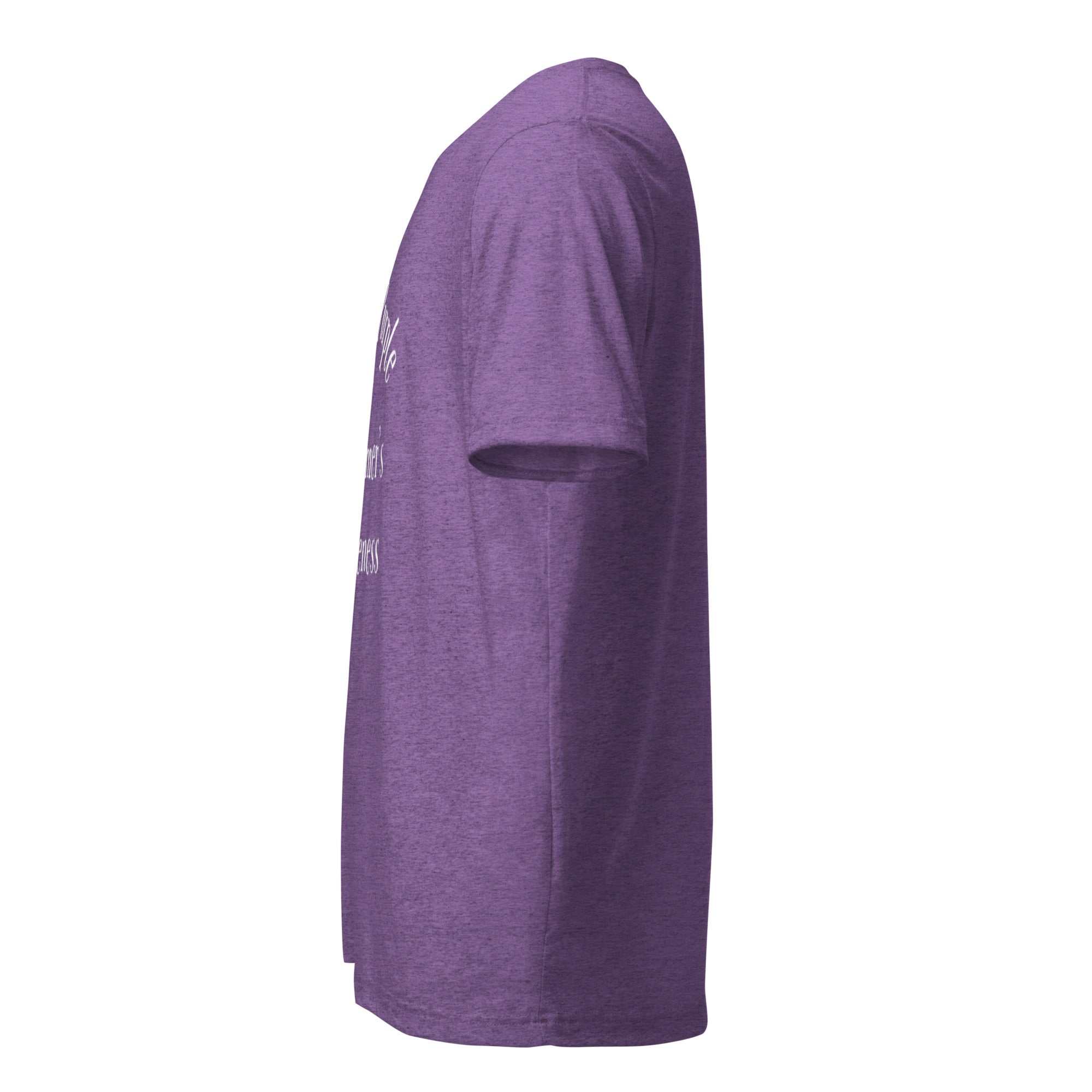 Side profile of a purple short sleeve t-shirt with Alzheimer's awareness text