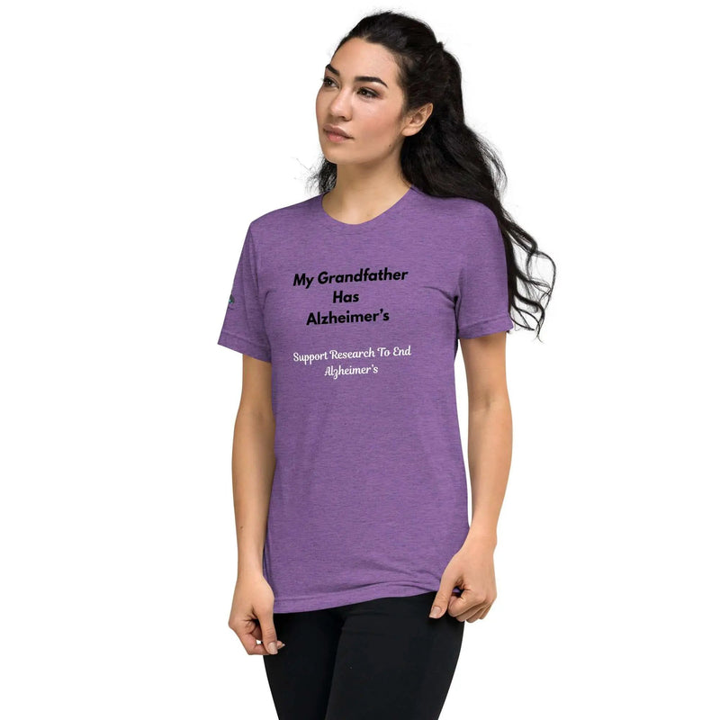 Purple unisex tri-blend Alzheimer's Awareness T-shirt from Bella + Canvas, featuring a left-front design for Greg's AZ Store.