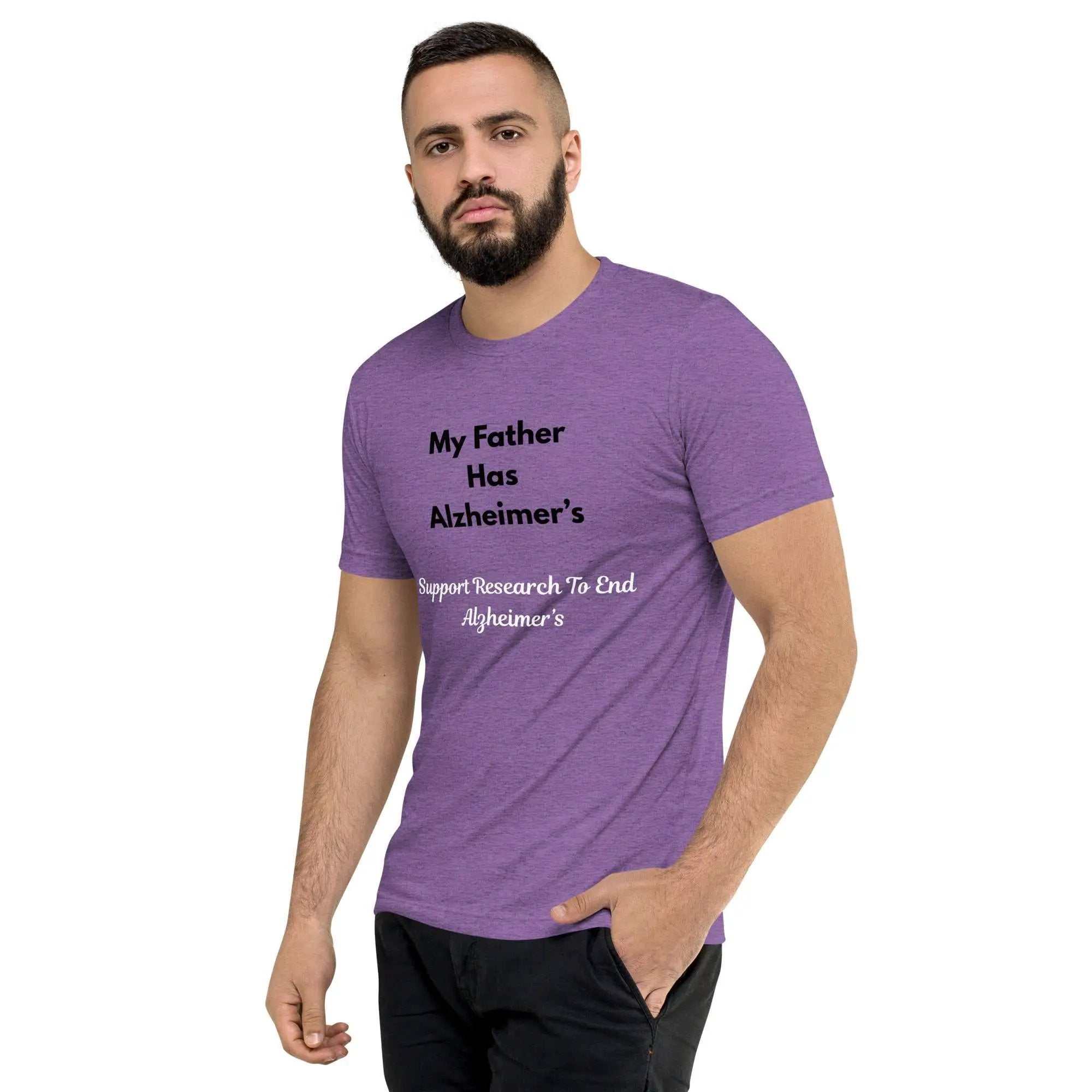 Man wearing purple Alzheimer's Awareness shirt with My Father Has Alzheimer's text