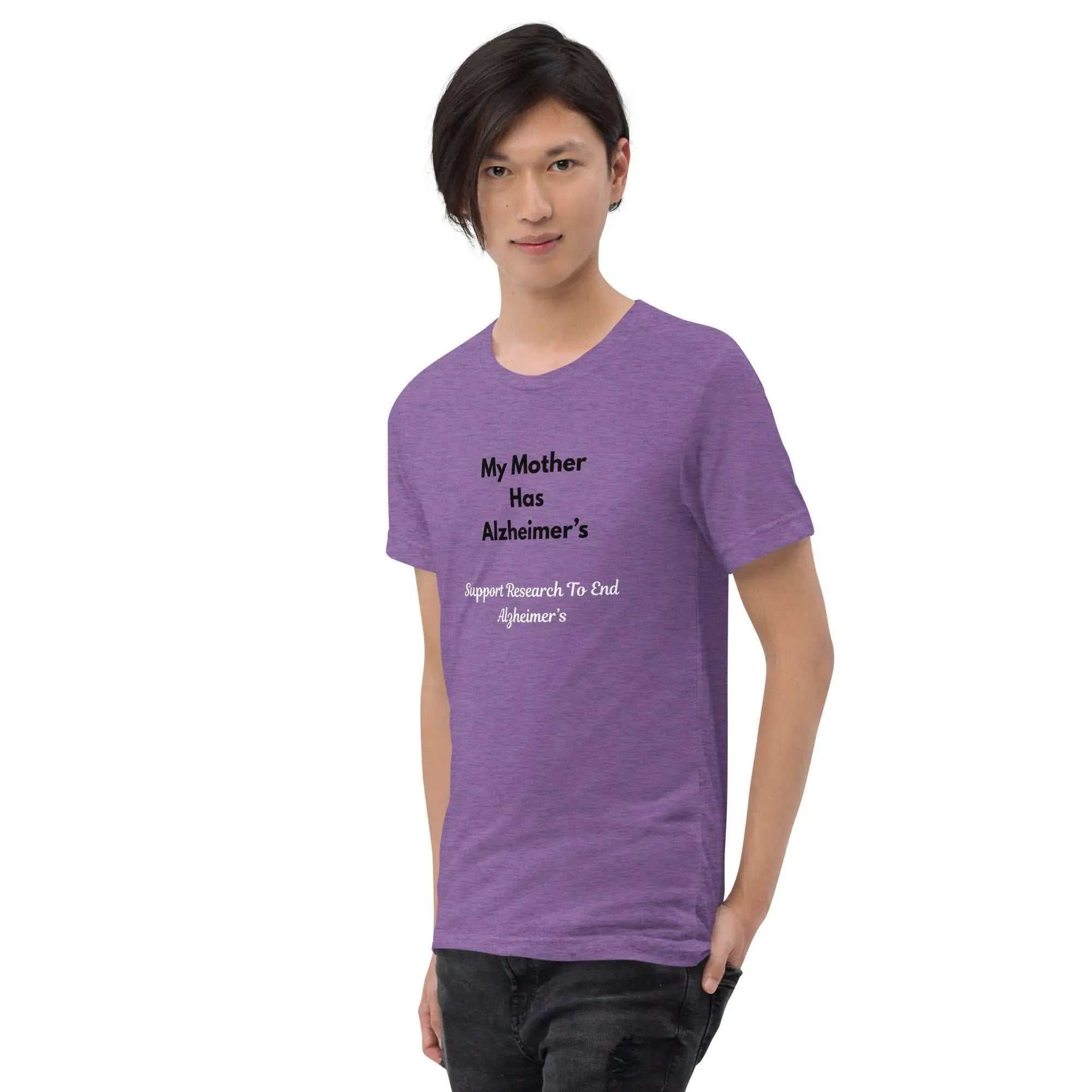Man wearing purple Alzheimer's awareness shirt with text My Mother Has Alzheimer's
