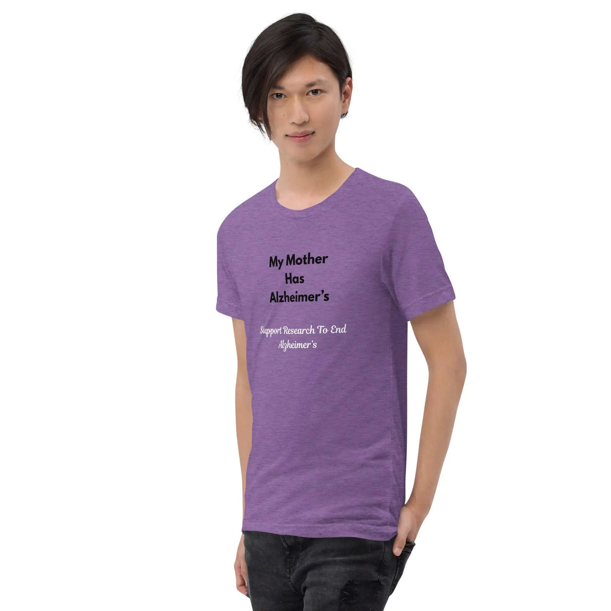 Purple unisex tri-blend Alzheimer's Awareness T-shirt by Bella + Canvas featuring "My Mother Has Alzheimer's" text, left-front view.