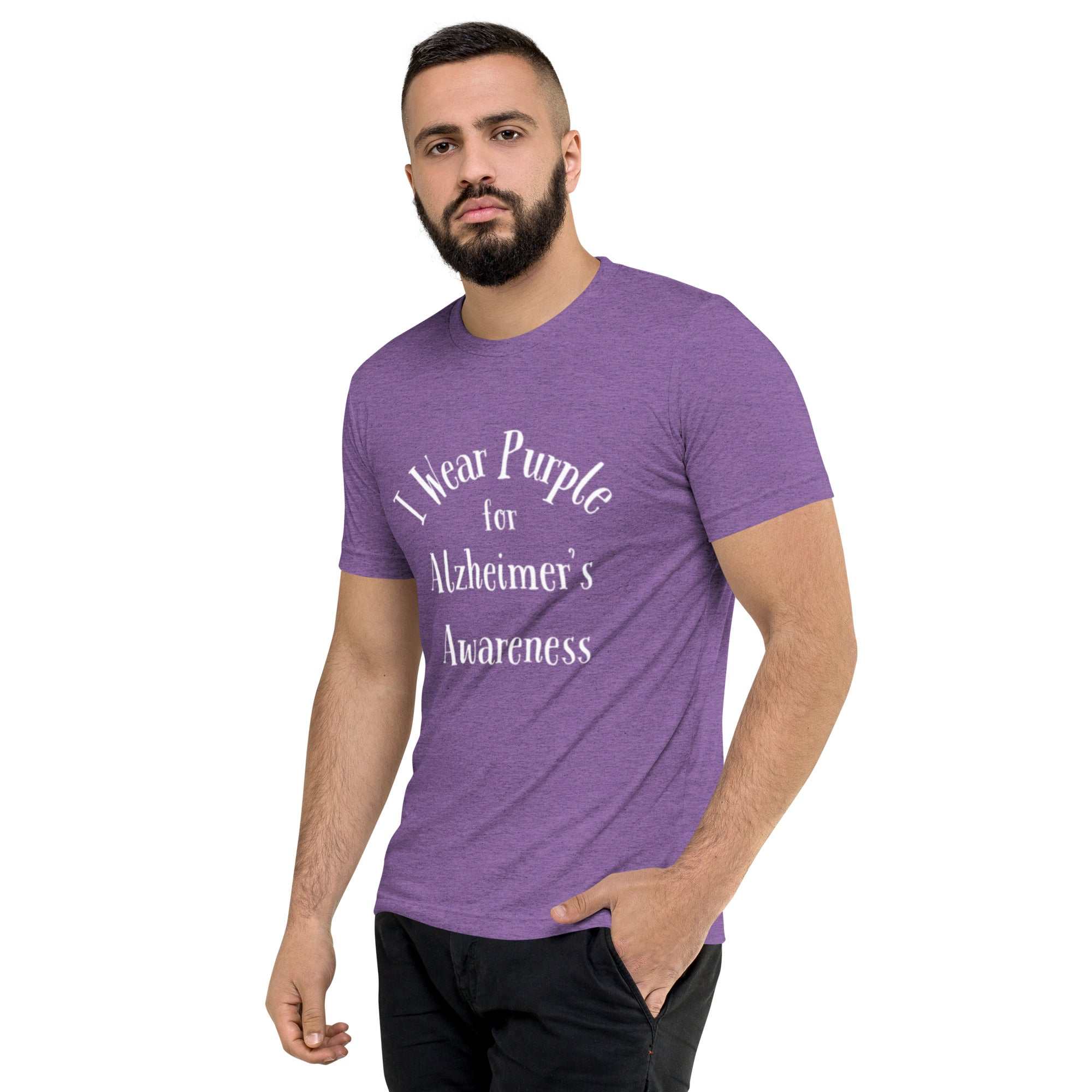 Man wearing a purple short sleeve t-shirt with I Wear Purple for Alzheimer's Awareness text