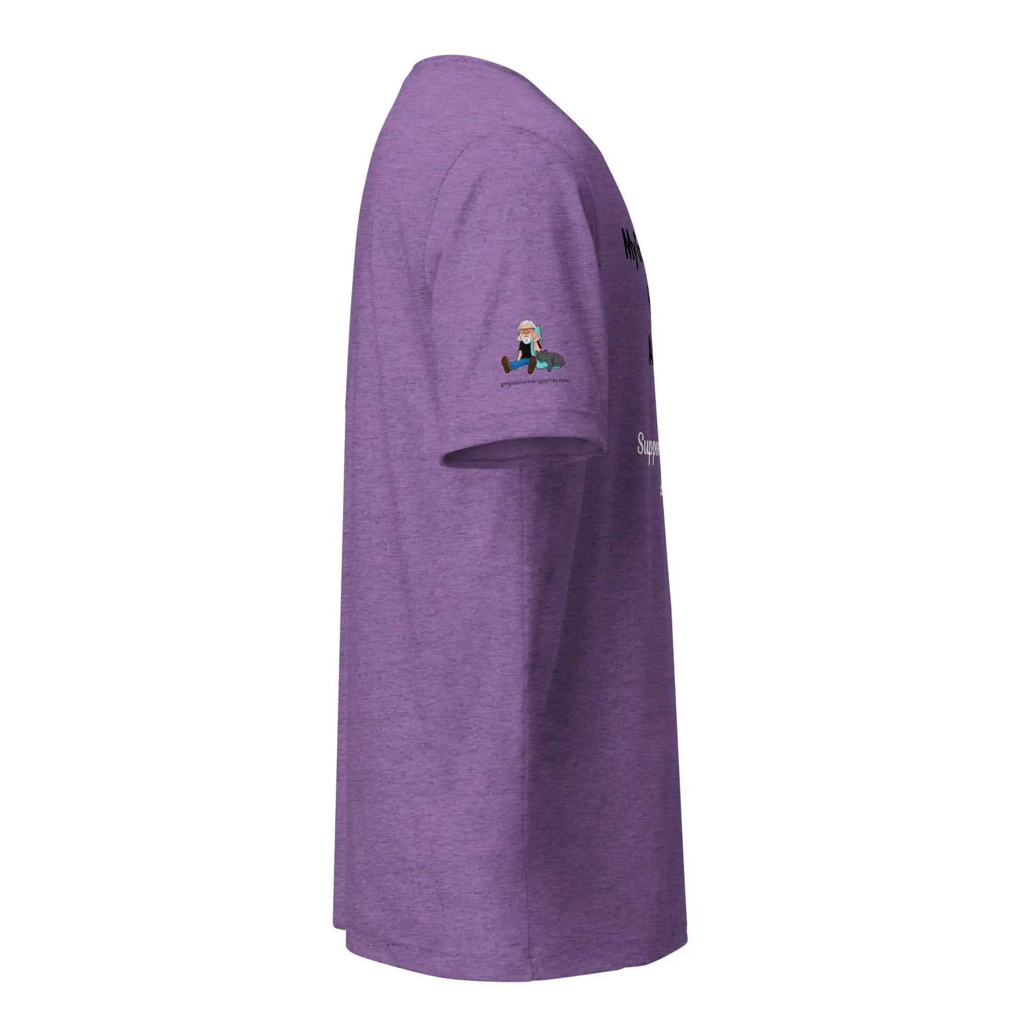 Side view of a purple Alzheimer's Awareness shirt with a small graphic on the sleeve