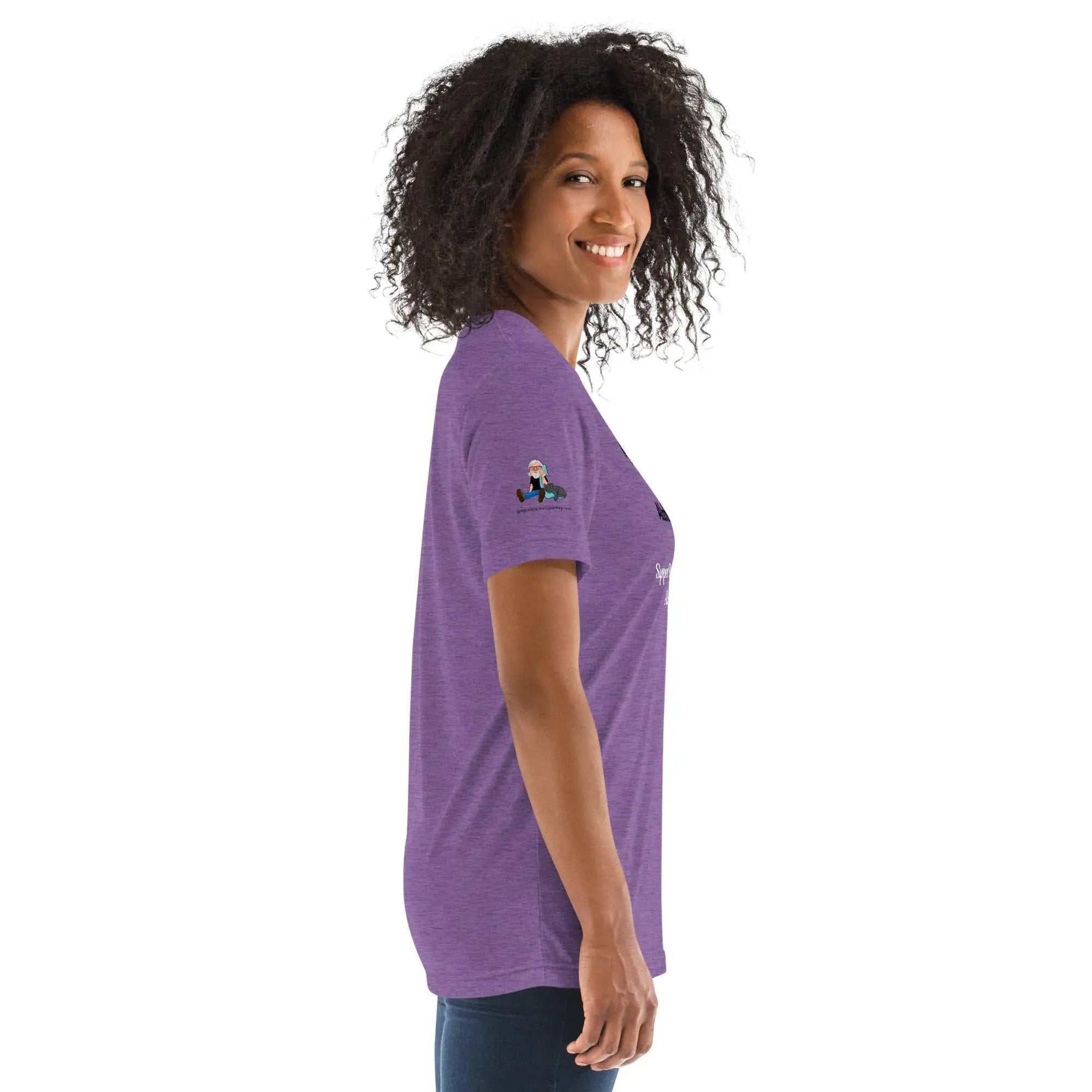 Purple unisex tri-blend Alzheimer's awareness T-shirt from Greg's AZ Store, featuring supportive message for Alzheimer's awareness.