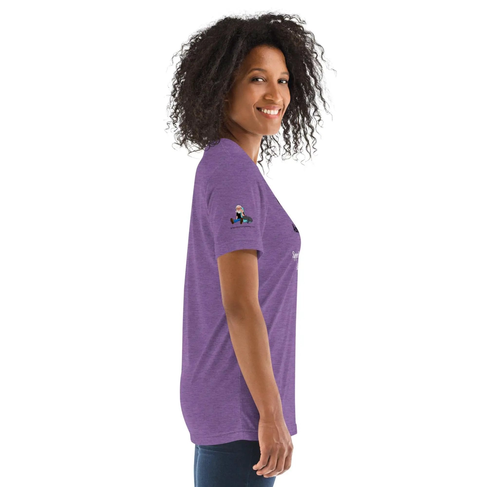Purple unisex tri-blend Alzheimer's awareness T-shirt from Greg's AZ Store, featuring supportive message for Alzheimer's awareness.