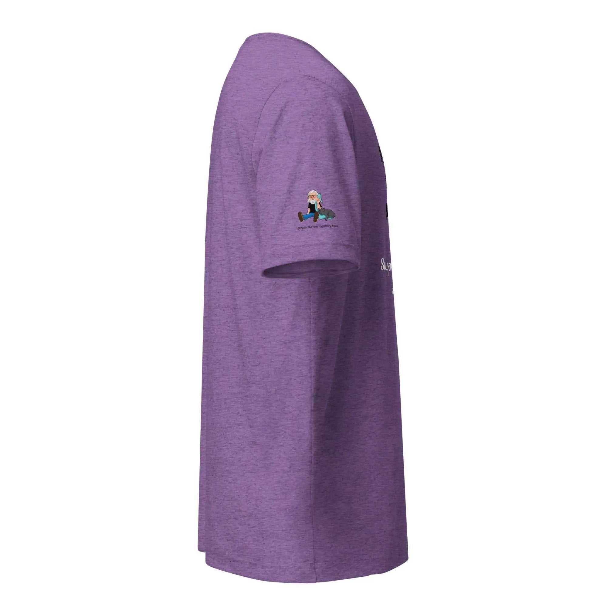 Side view of purple Alzheimer's Awareness Shirt with graphic of man and dog