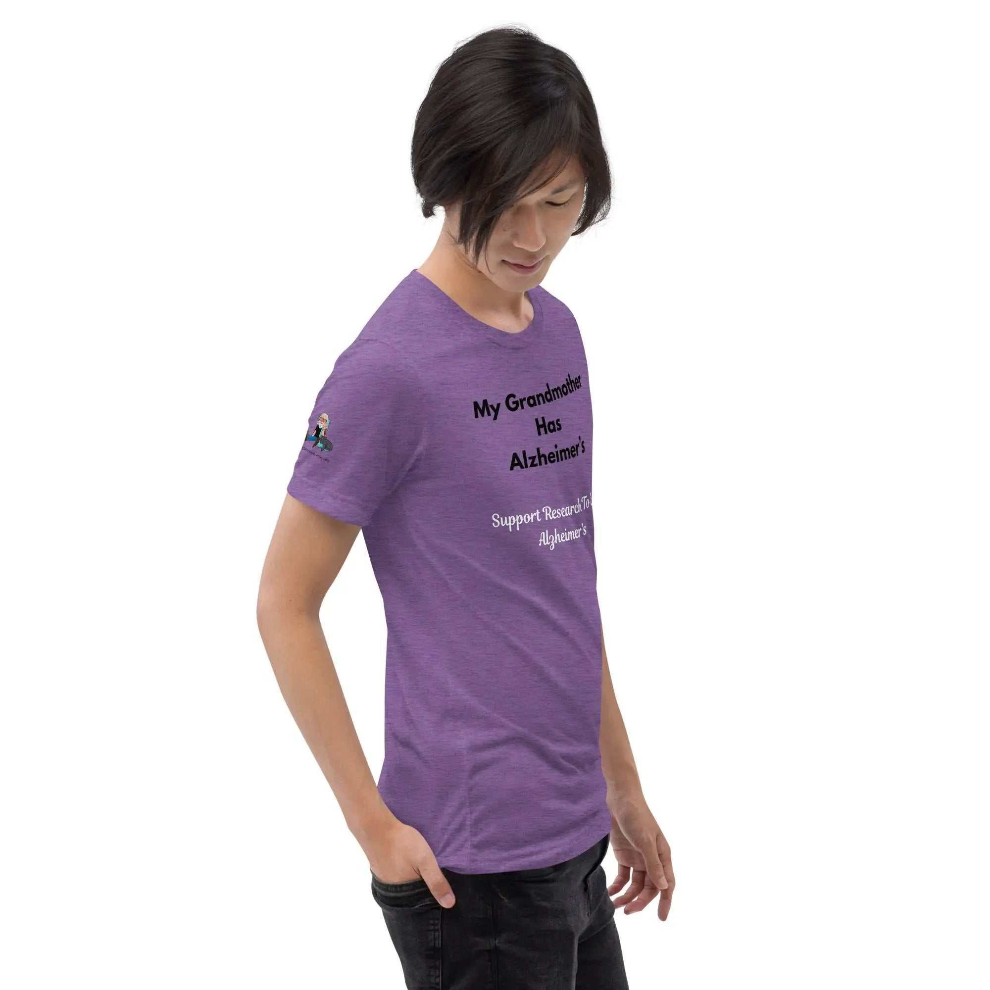 Person wearing a purple Alzheimer's awareness shirt with My Grandmother Has Alzheimer's text