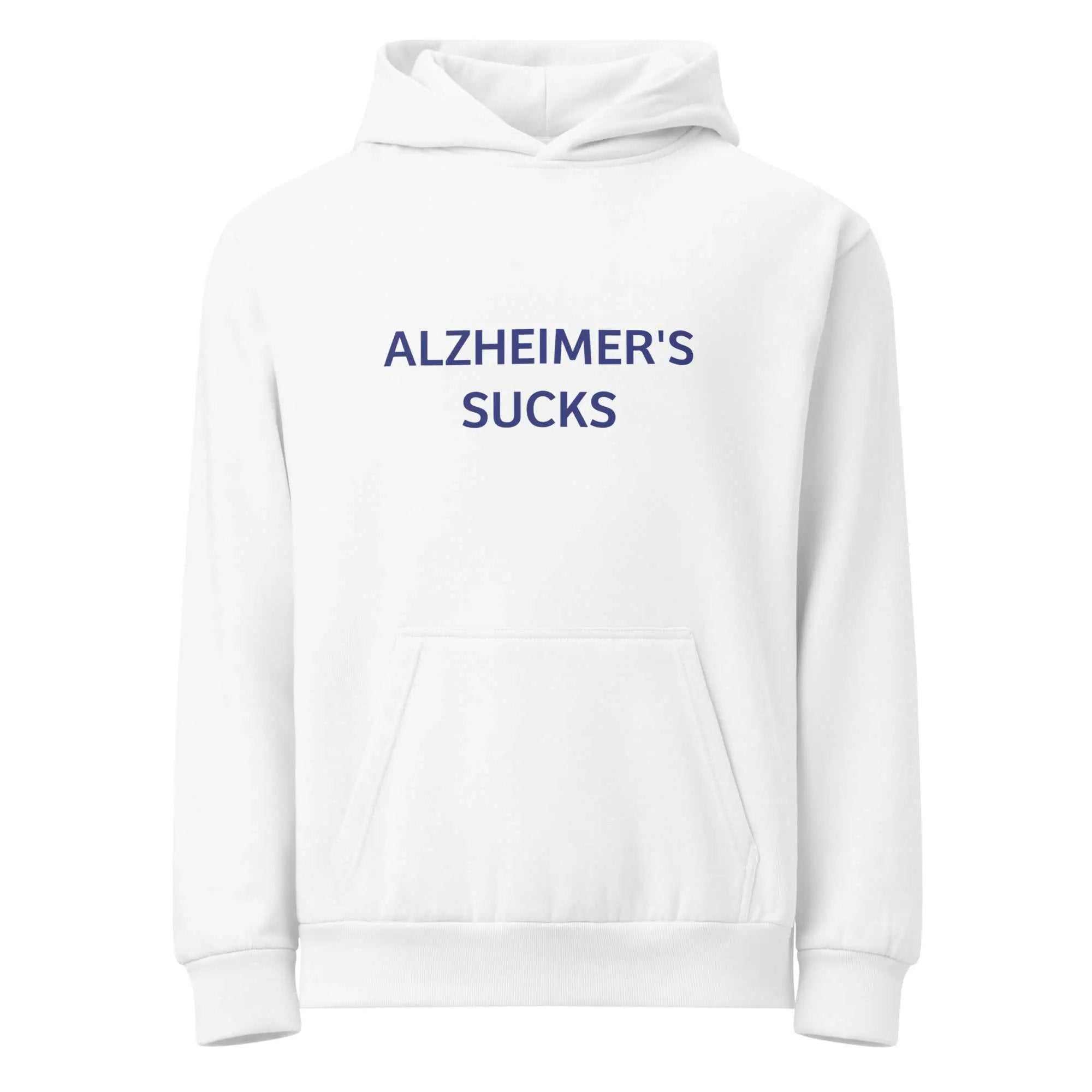 Unisex urban fleece hoodie with Alzheimer's Sucks graphic, casual style, displayed on a model in a street setting.