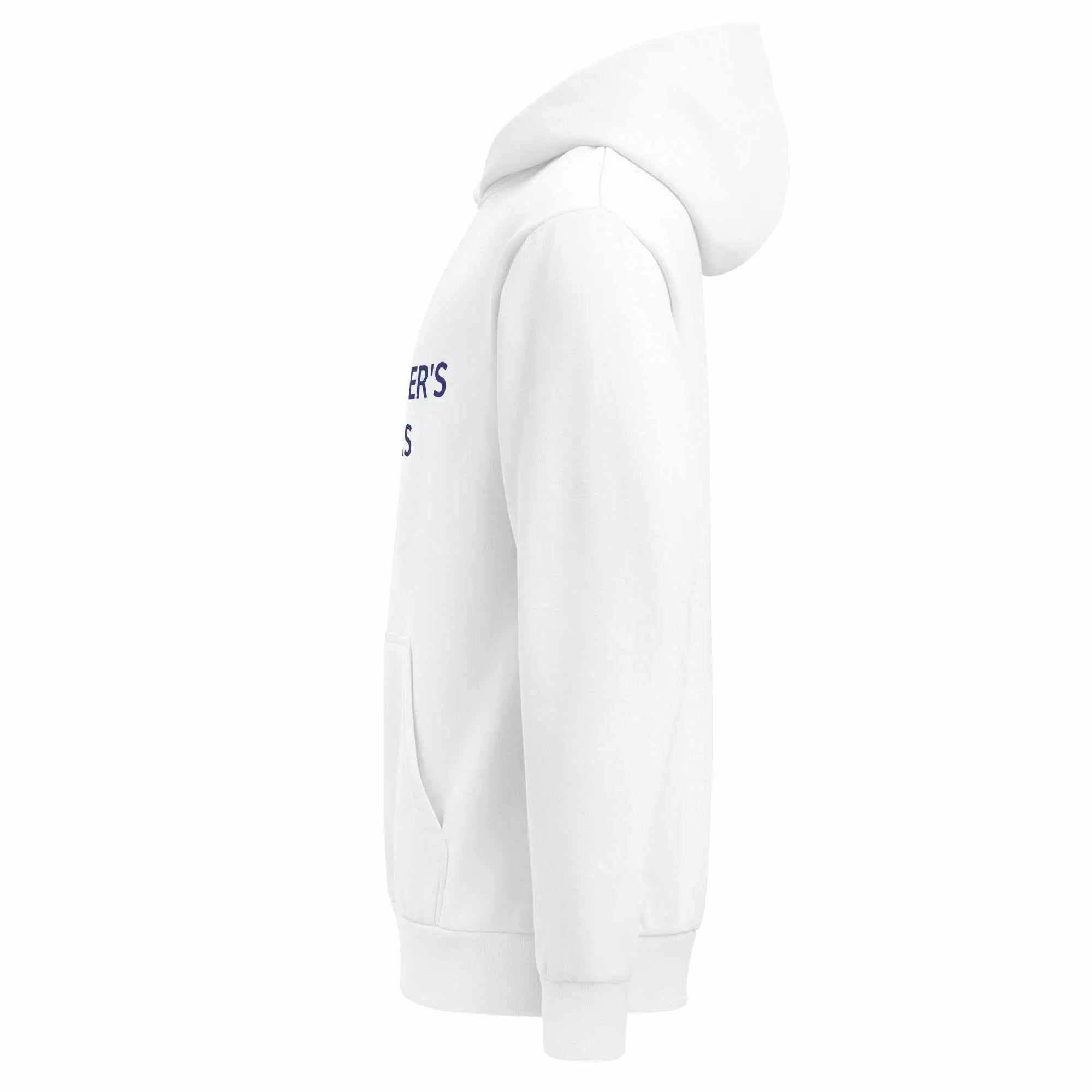 Side view of white Alzheimers hoodie with dark blue text
