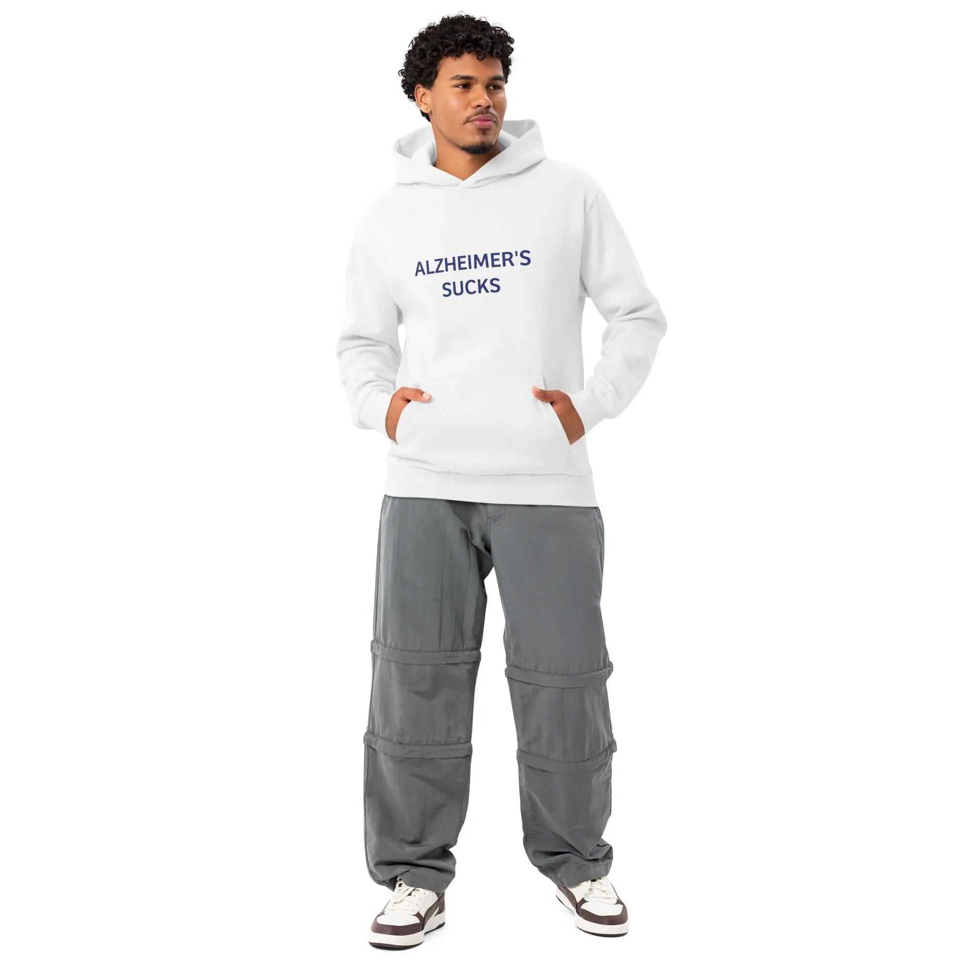Person wearing a white Alzheimers Hoodie with dark text on the chest
