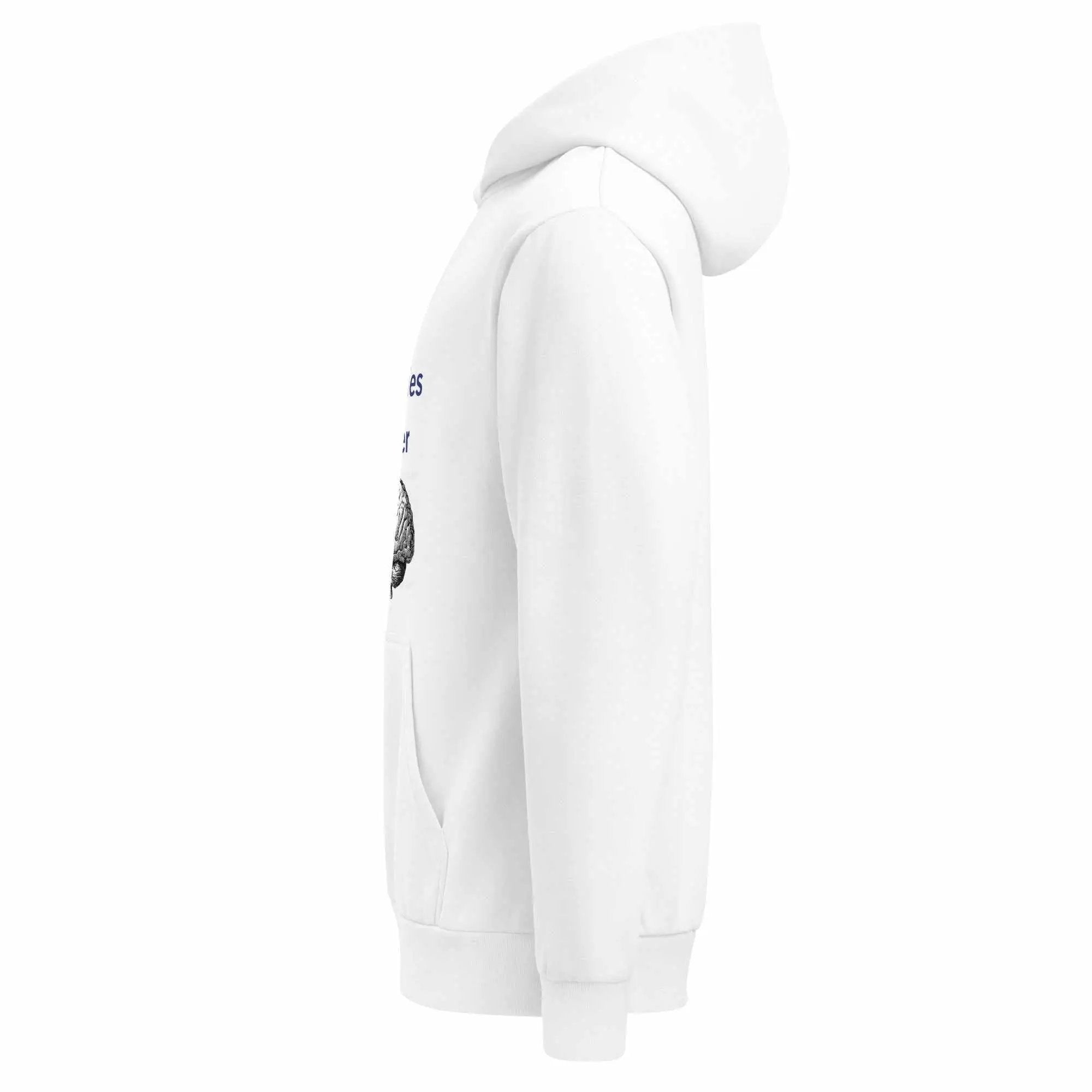 Side view of white Alzheimer's Hoodie featuring Memories Matter graphic