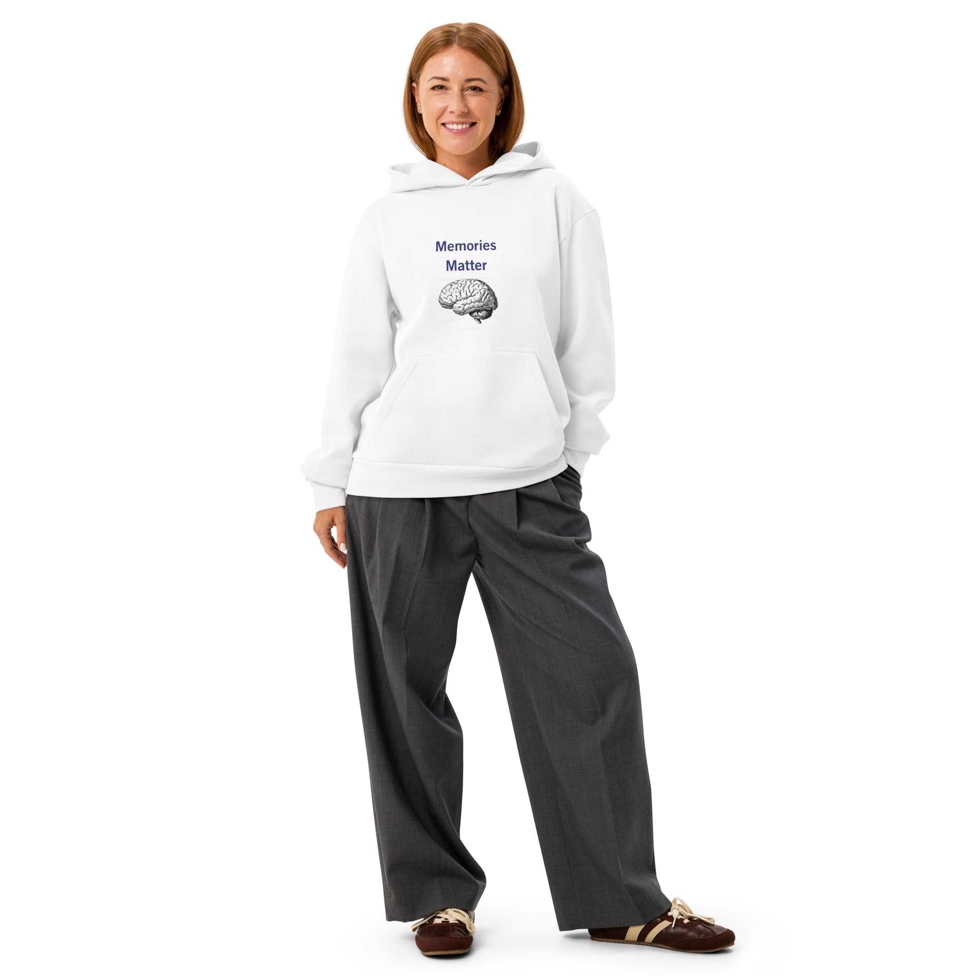 Woman wearing white Alzheimer's hoodie with Memories Matter brain graphic