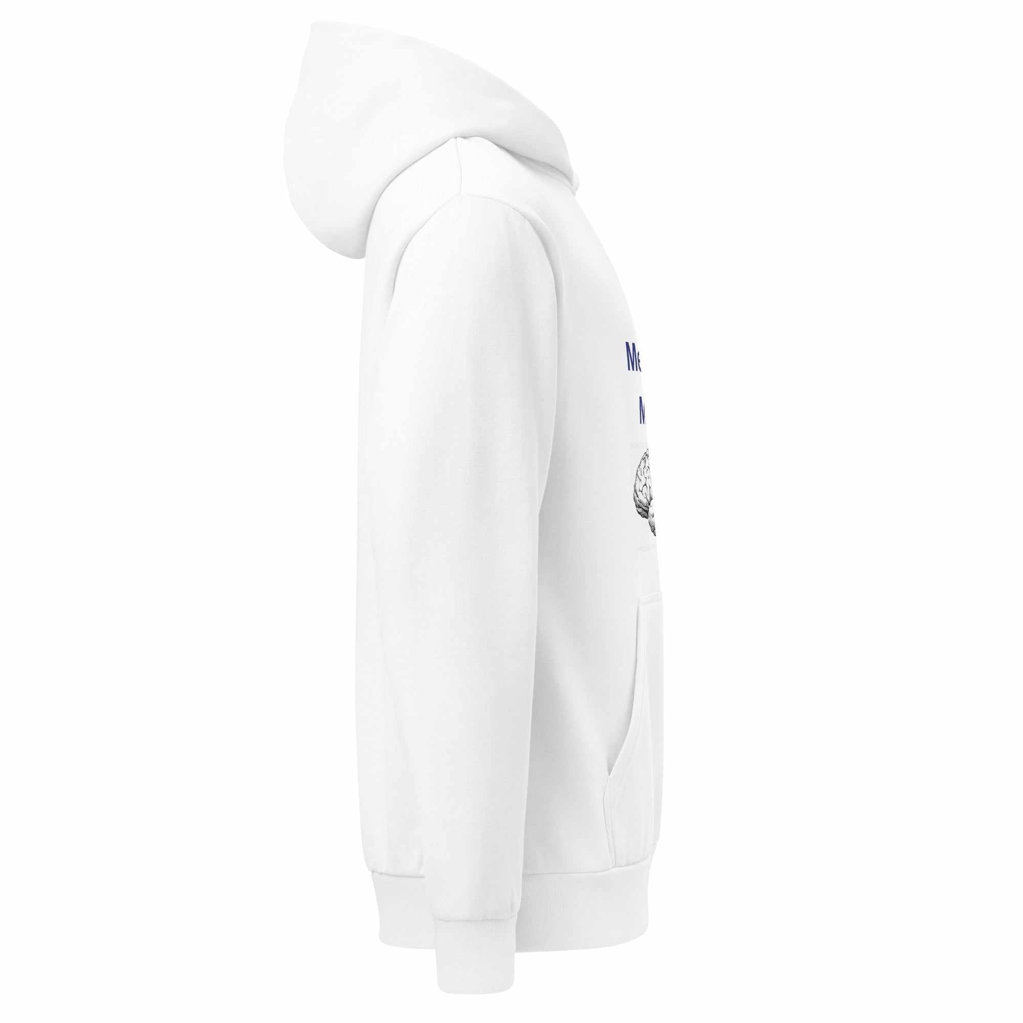 Side view of white Alzheimer's Hoodie with Memories Matter graphic and brain illustration