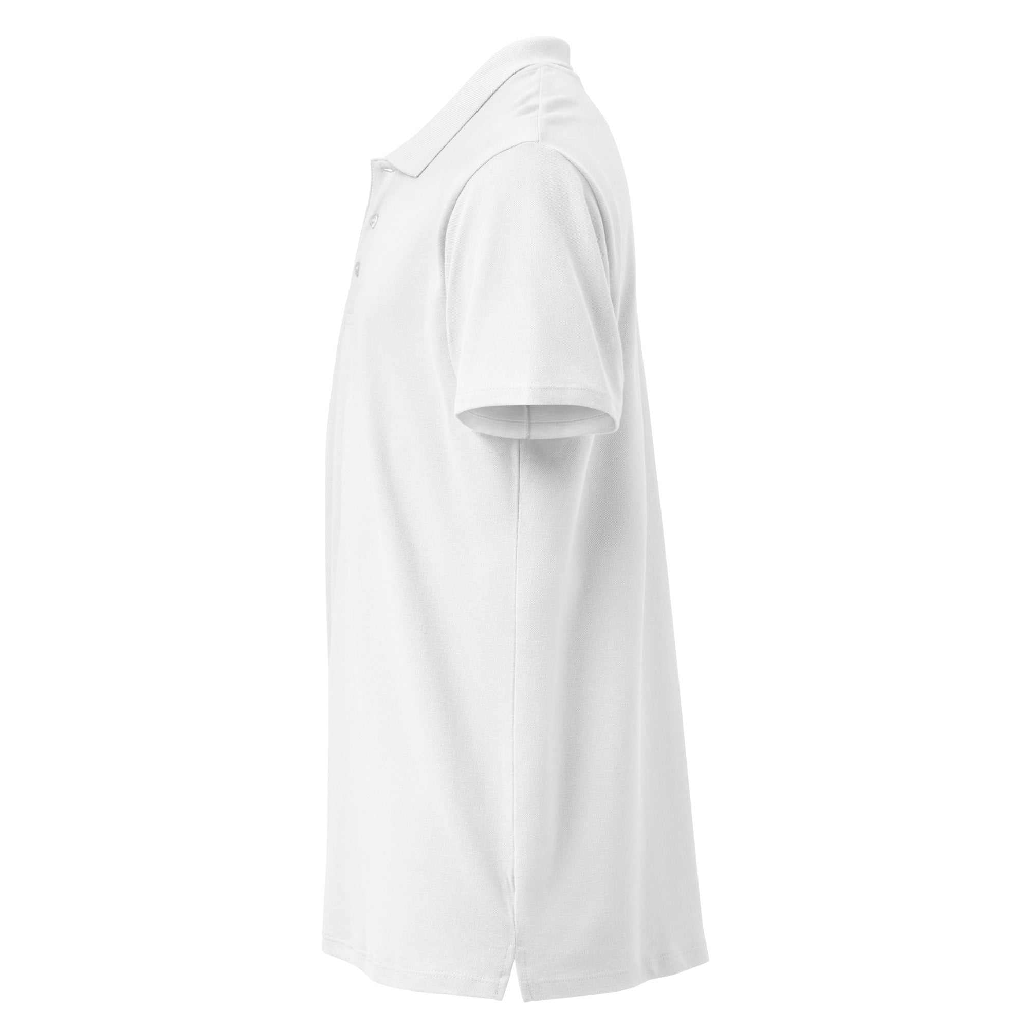 Side view of a white Cat Man Signature unisex cotton polo shirt