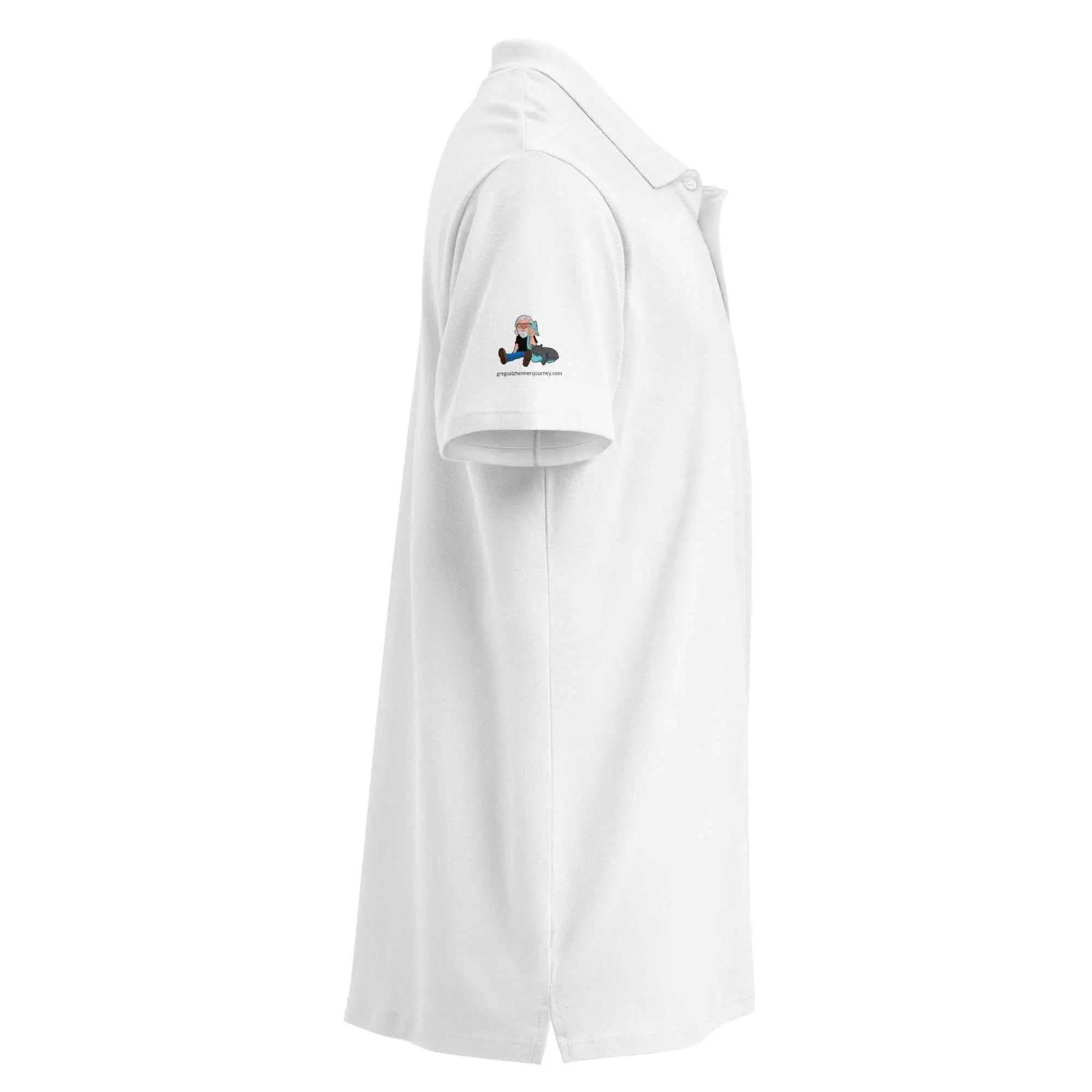 Side view of white Alzheimer's Prevention Polo Shirt with Cat Man Signature logo on the sleeve