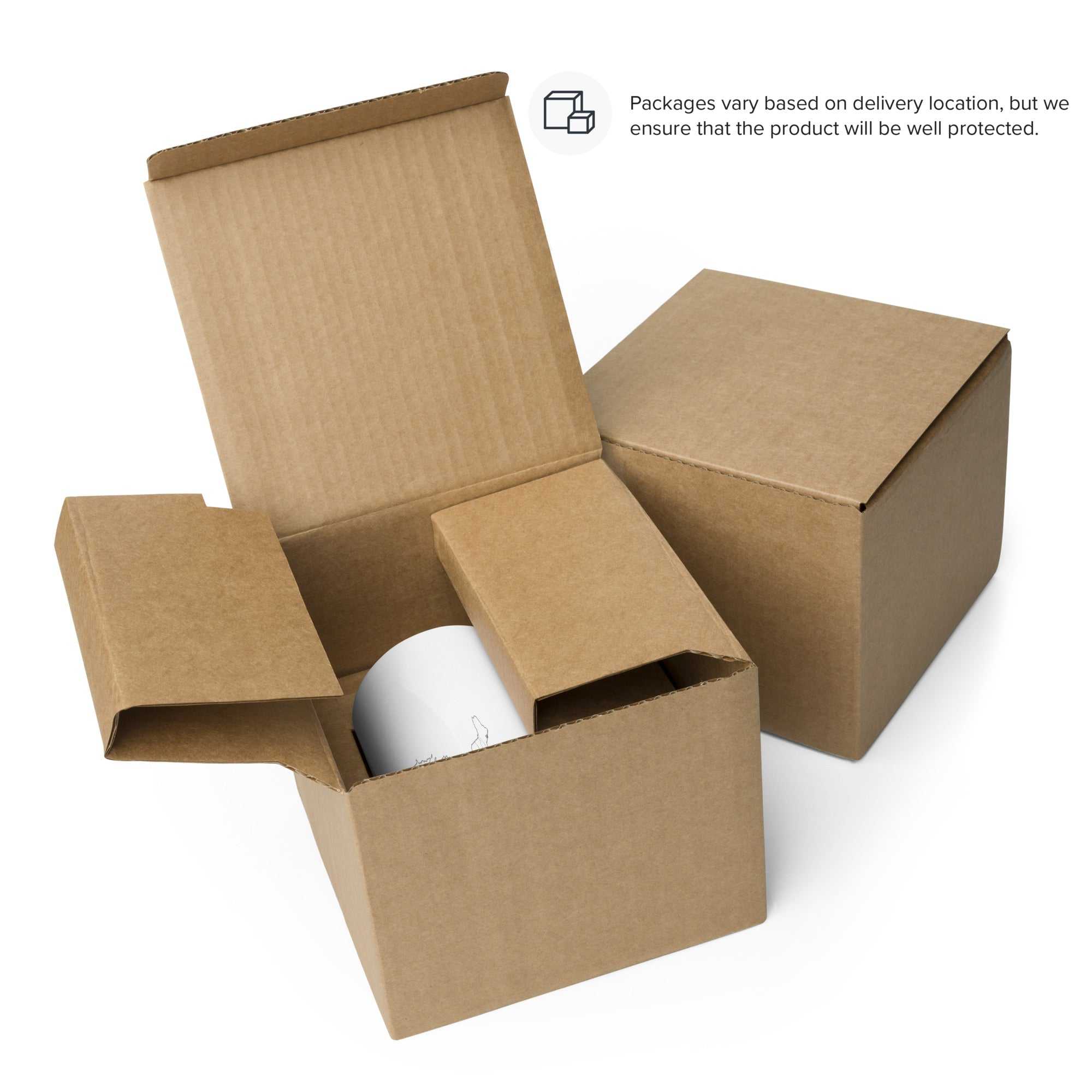 White glossy mug for Alzheimer's awareness inside a cardboard shipping box