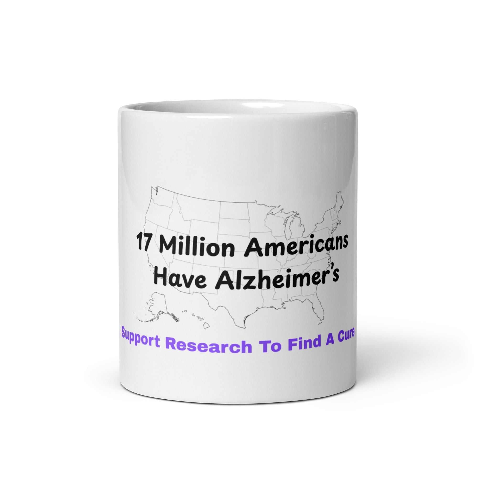 White glossy mug featuring a map of the USA and Alzheimer awareness text