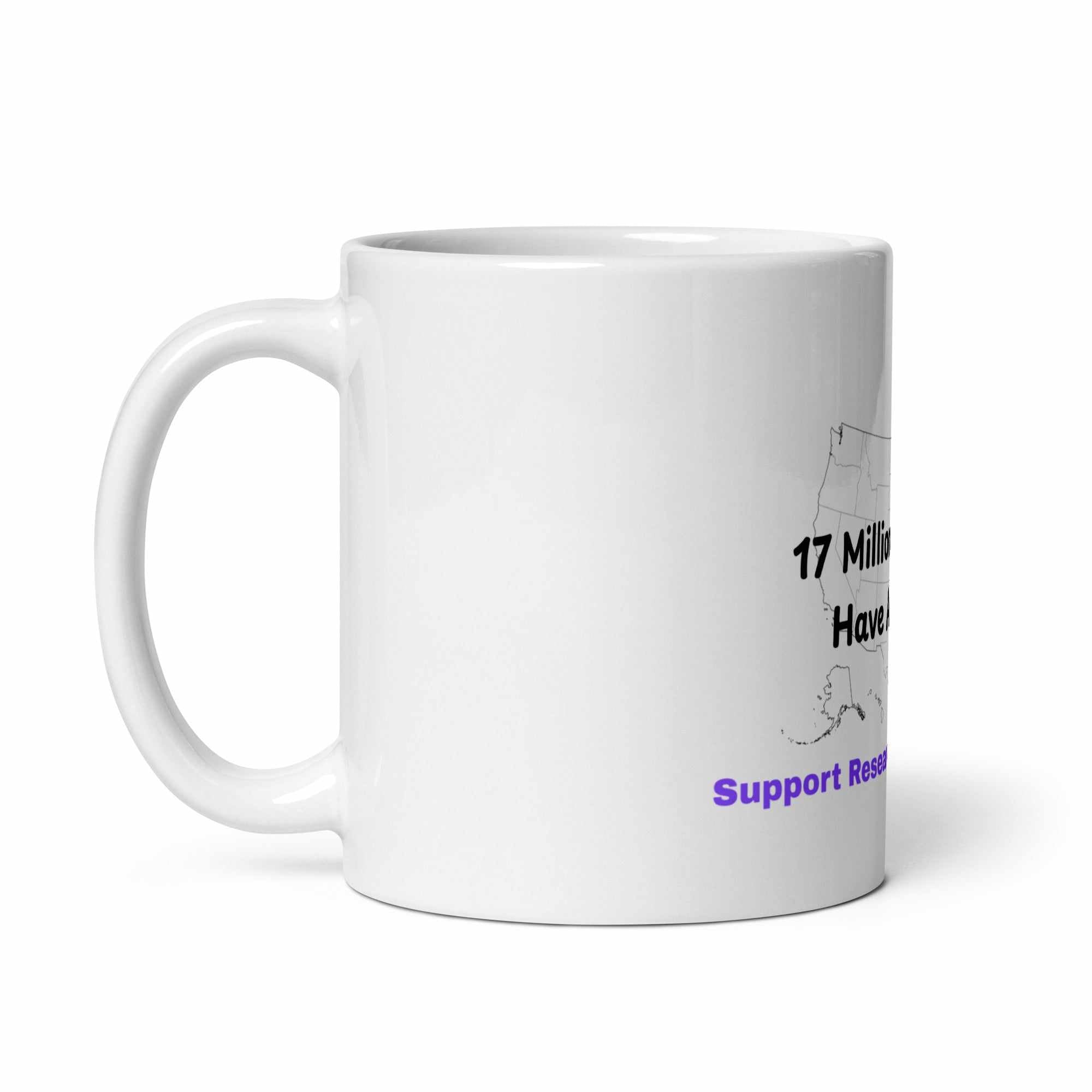 White glossy Alzheimer's awareness mug with US map graphic and text about research support