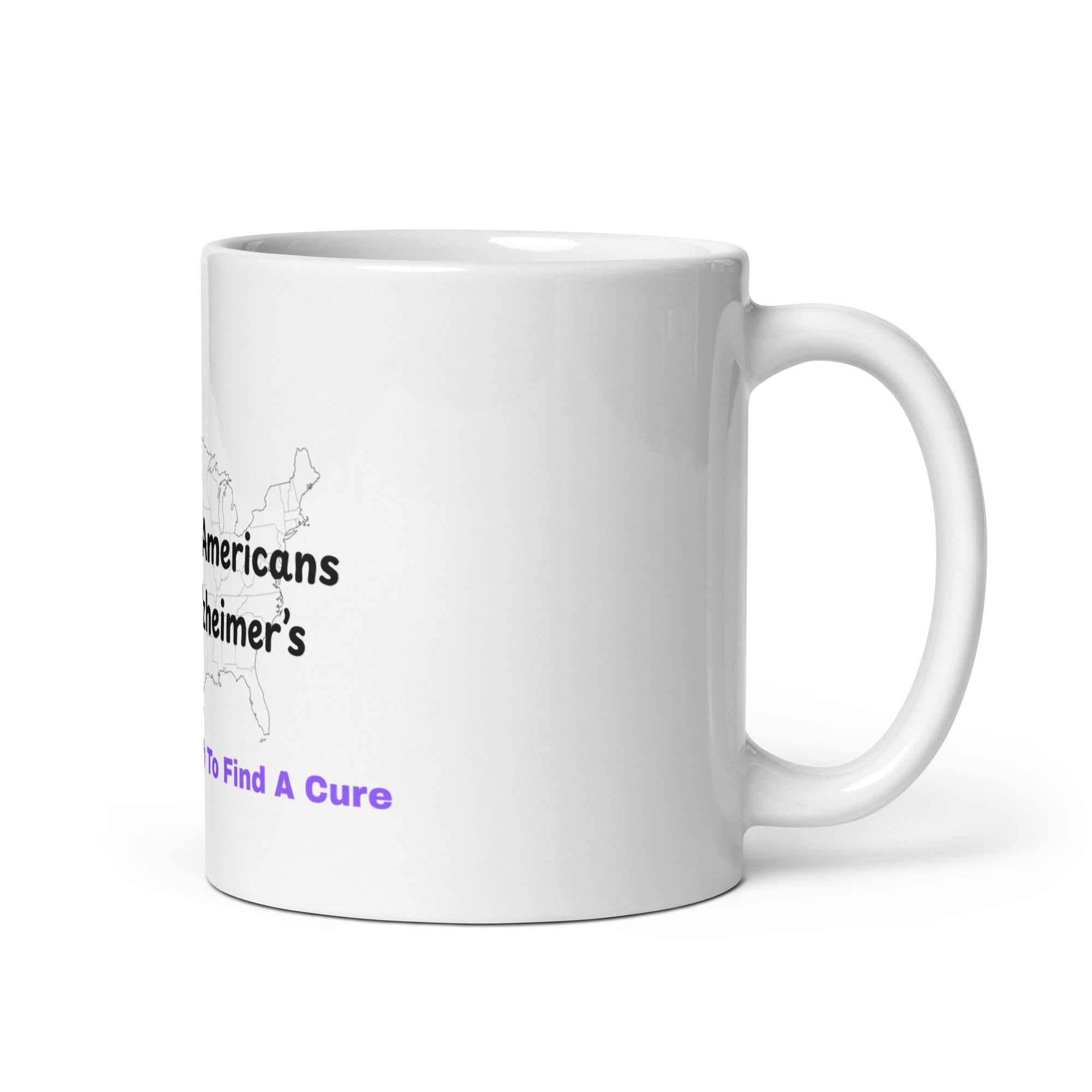 White glossy mug featuring a map of the United States and text about Alzheimer awareness