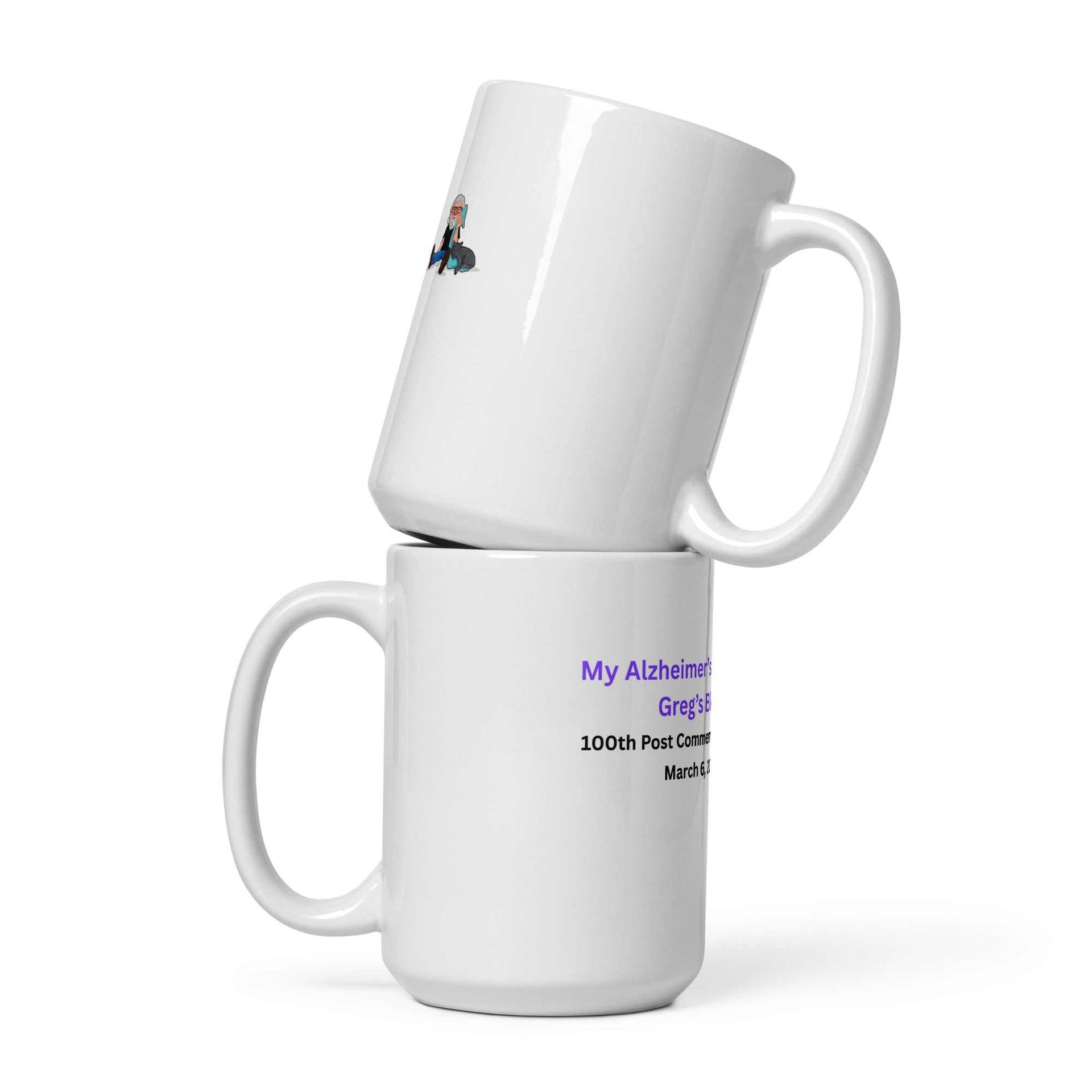 White Glossy Mug Commemorating Greg's 100th Blog Post 15 oz