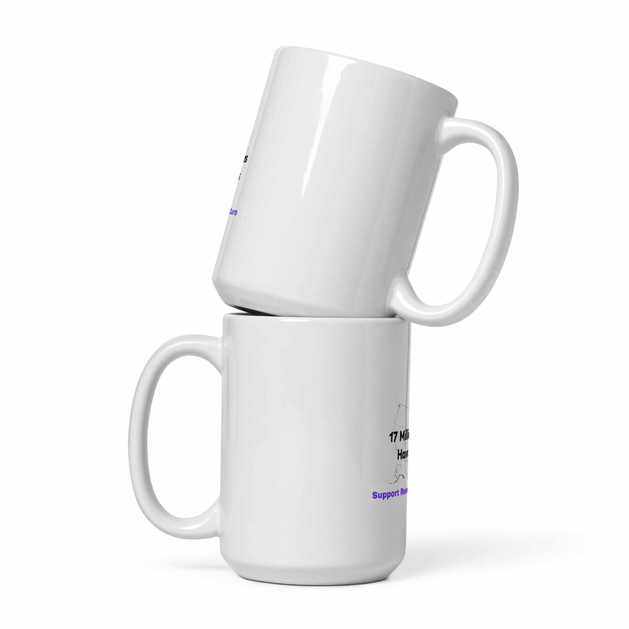 Two white glossy mugs for Alzheimer's awareness stacked vertically