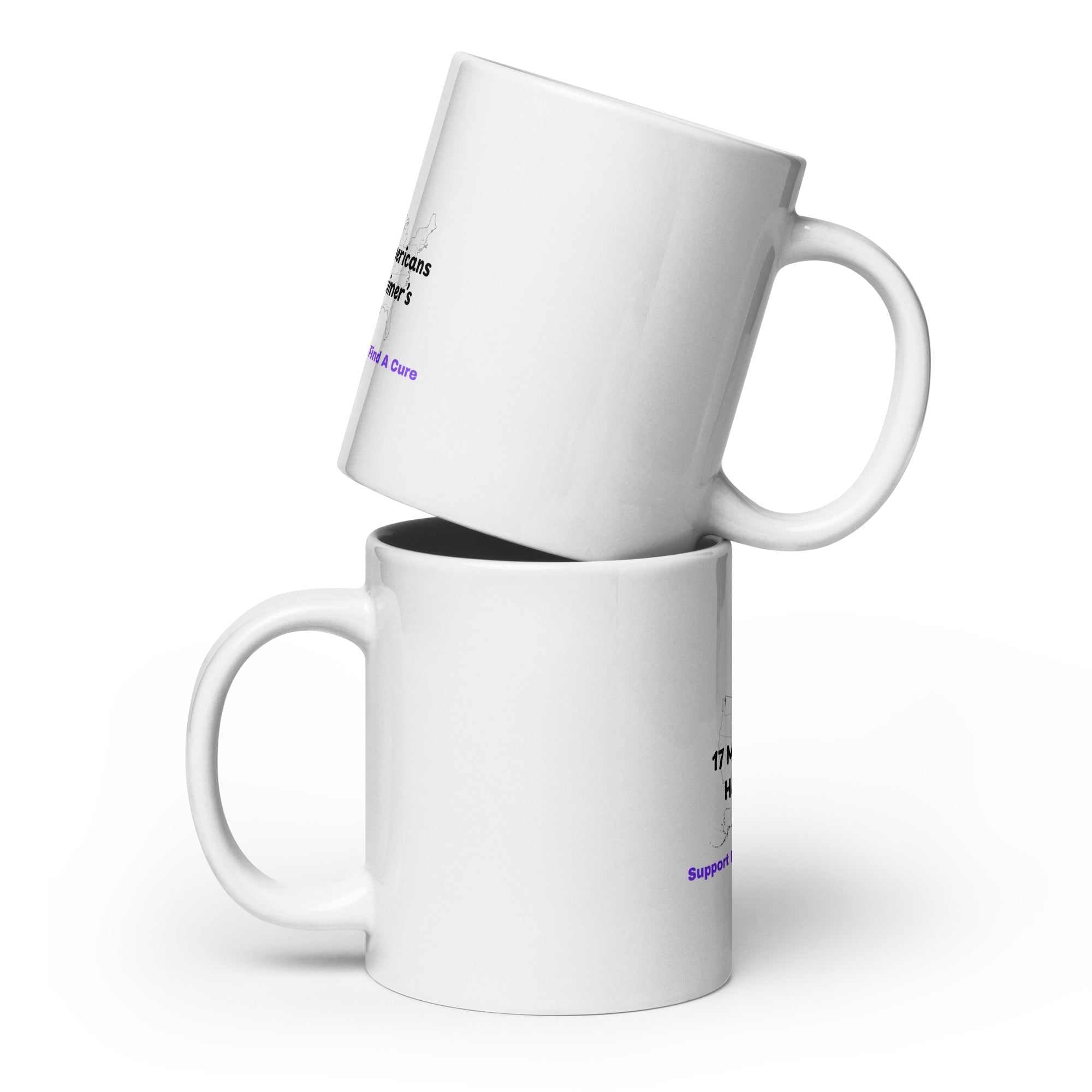 Two white glossy mugs stacked vertically with Alzheimer's awareness text and graphics