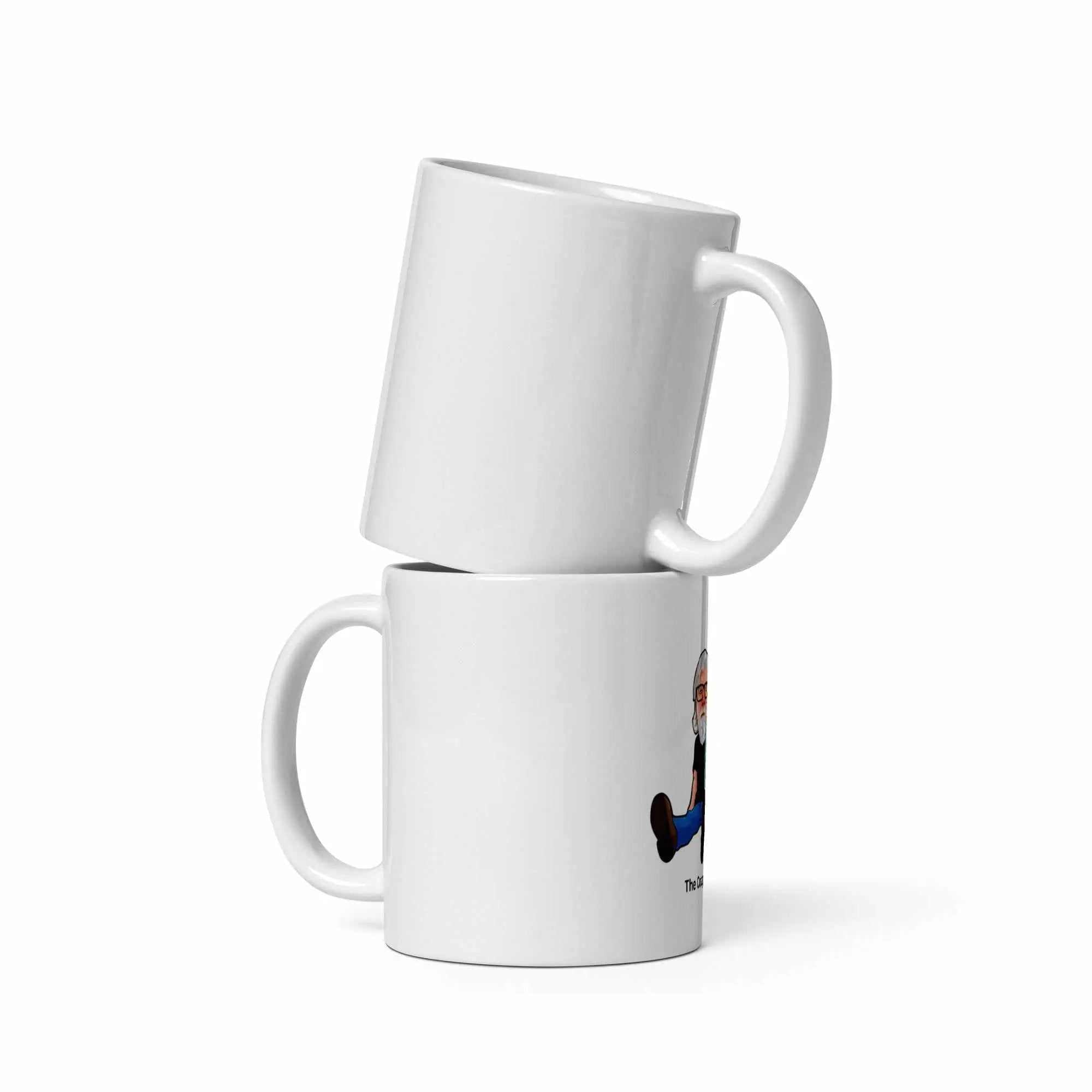 Two white glossy mugs stacked vertically featuring The Cat Man signature graphic