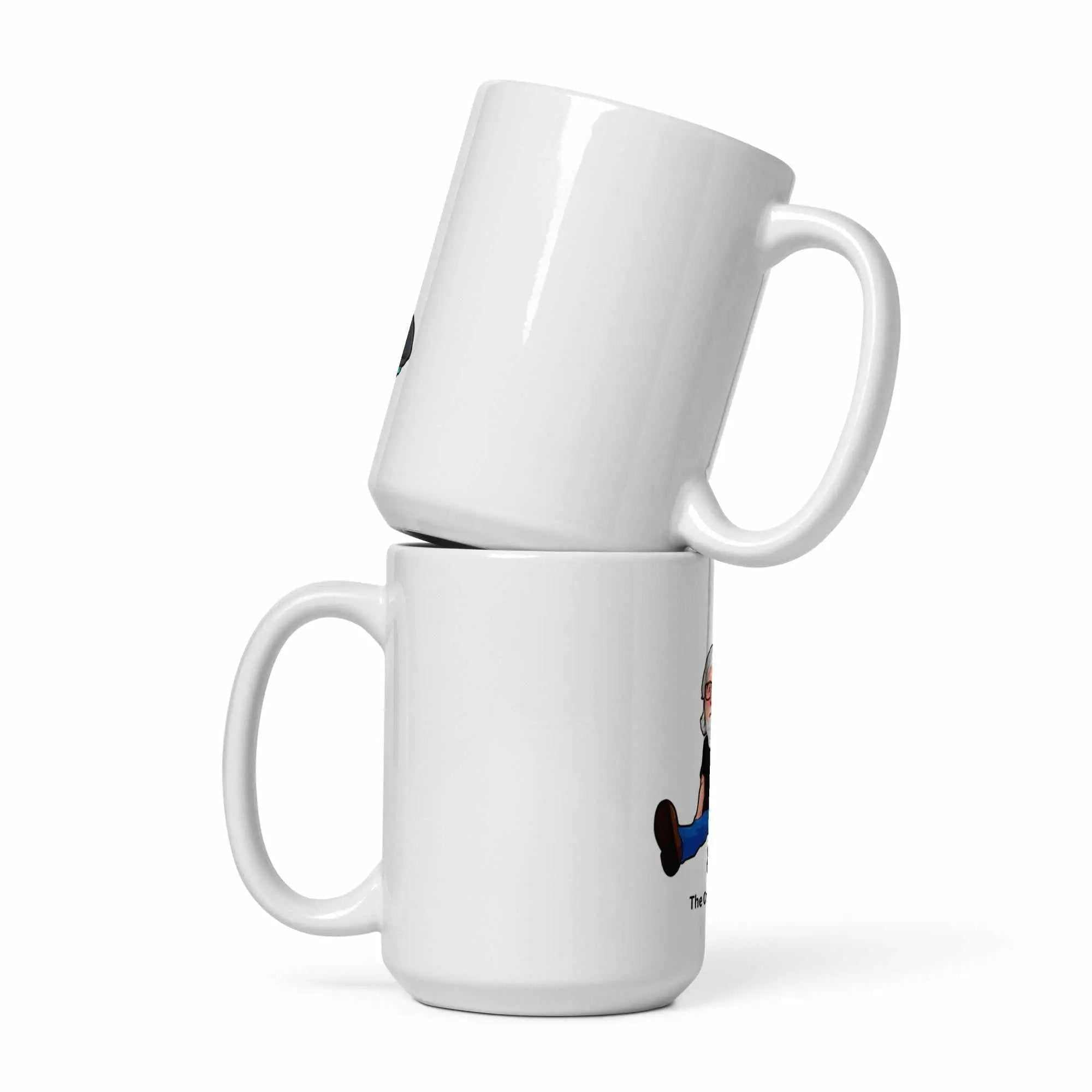 Two white glossy mugs stacked vertically featuring The Cat Man graphic