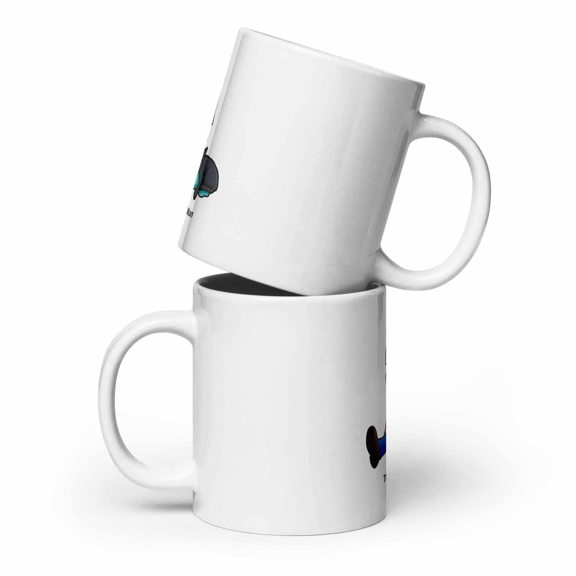 Two white glossy mugs stacked vertically featuring The Cat Man logo