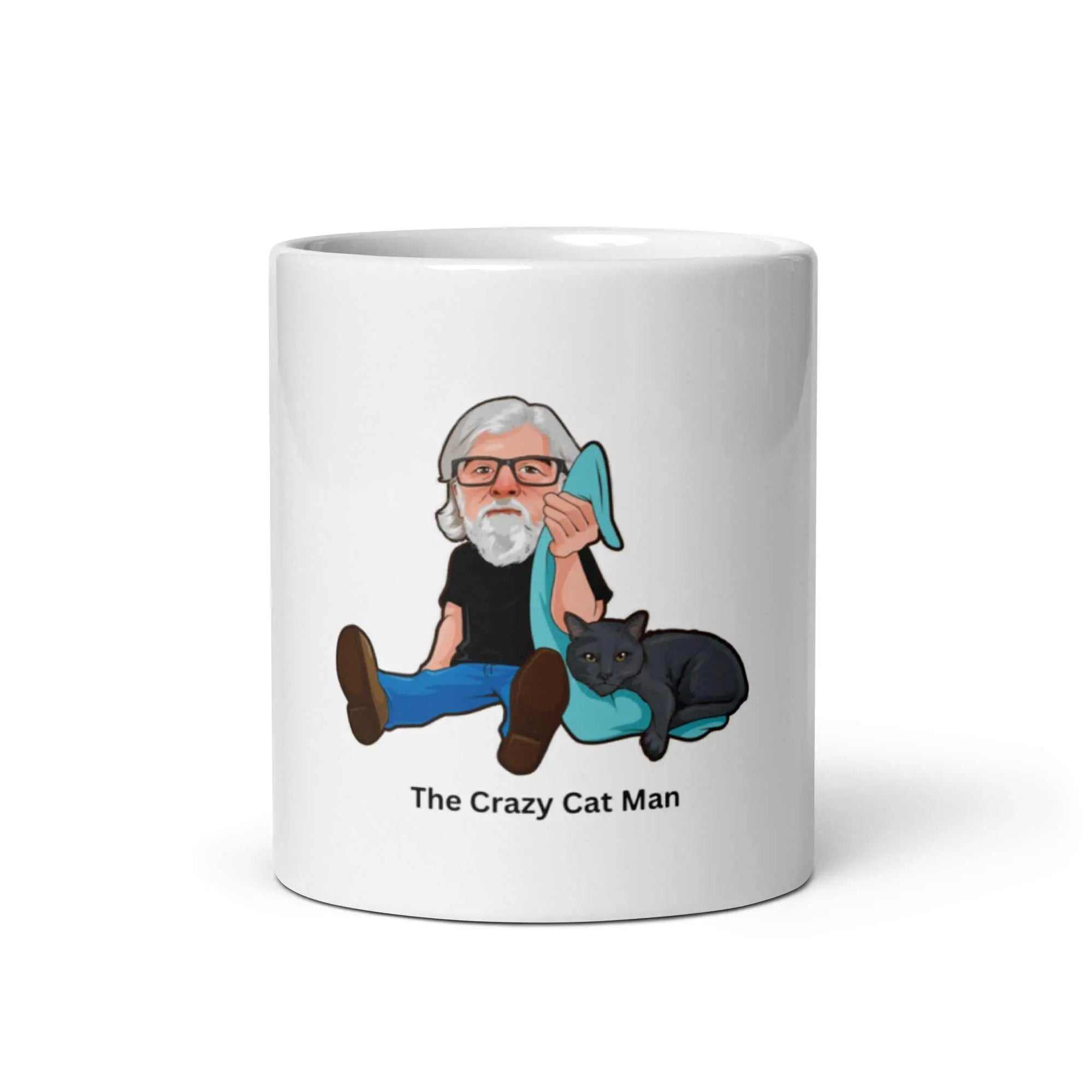 White glossy mug featuring The Cat Man Signature logo, promoting Alzheimer's awareness, by Greg's AZ Store.