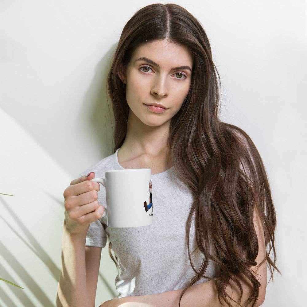 White glossy mug featuring The Cat Man Signature logo and Alzheimer's awareness design, perfect for cat lovers.