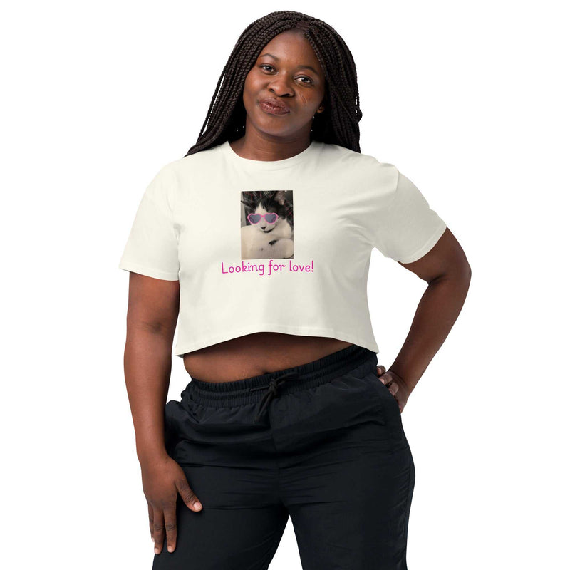 Cat Wearing Pink Sunglasses Crop Top - Looking For Love Natural Color Cotton Women’s Top - Greg's AZ Store