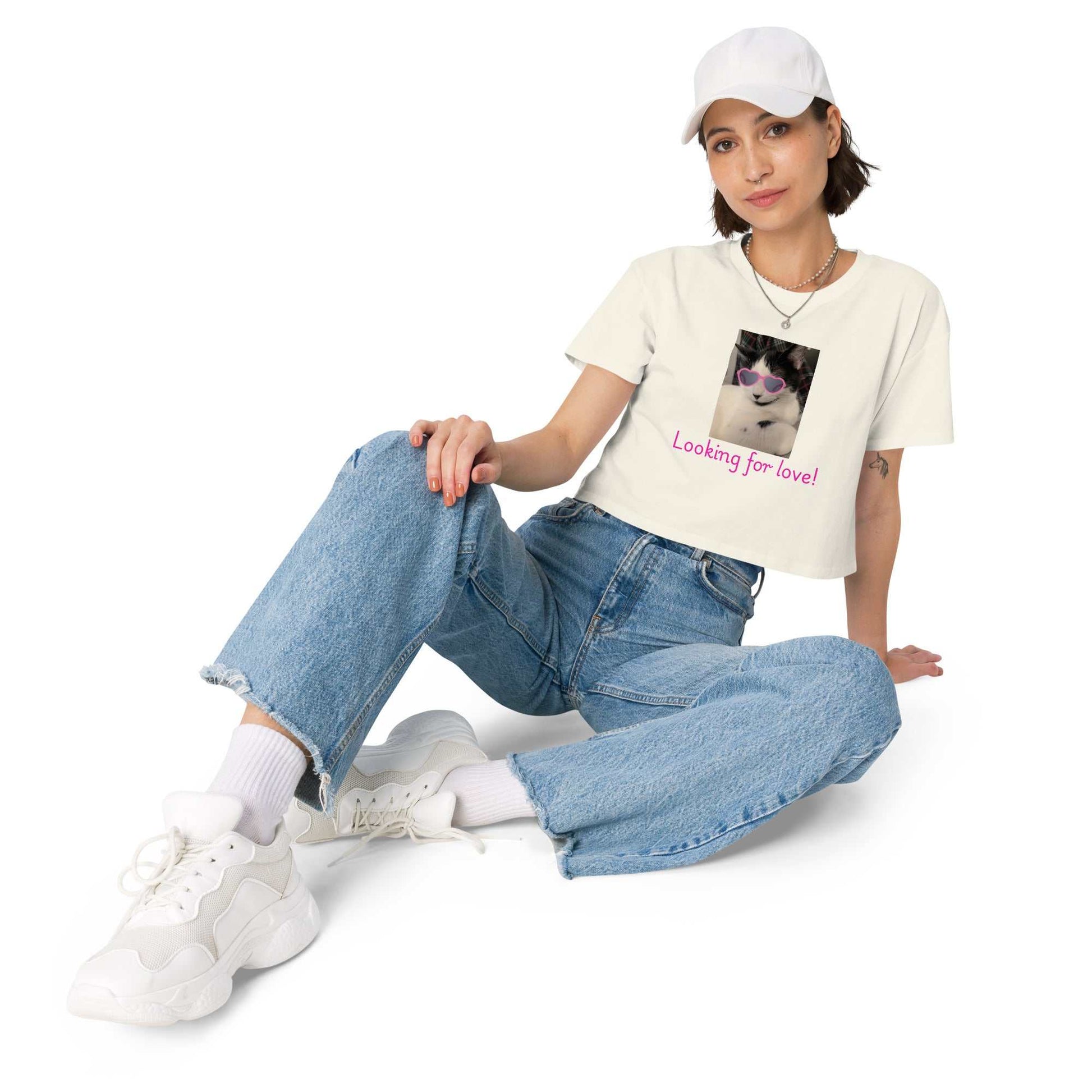 Cat Wearing Pink Sunglasses Crop Top - Looking For Love Natural Color Cotton Women’s Top - Greg's AZ Store