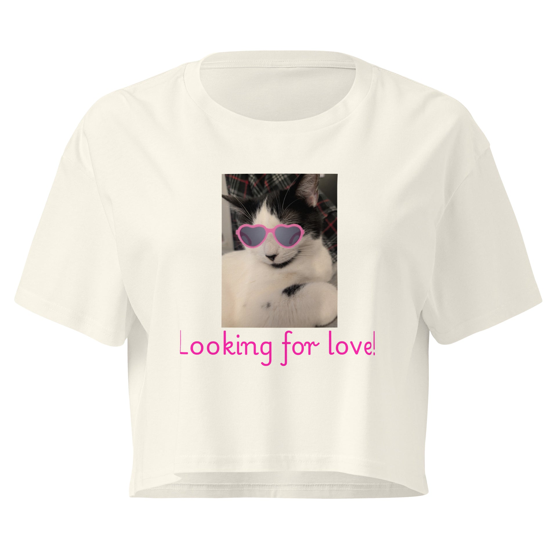 Cat Wearing Pink Sunglasses "Looking For Love" Natural Color Cotton Women’s Crop Top XL