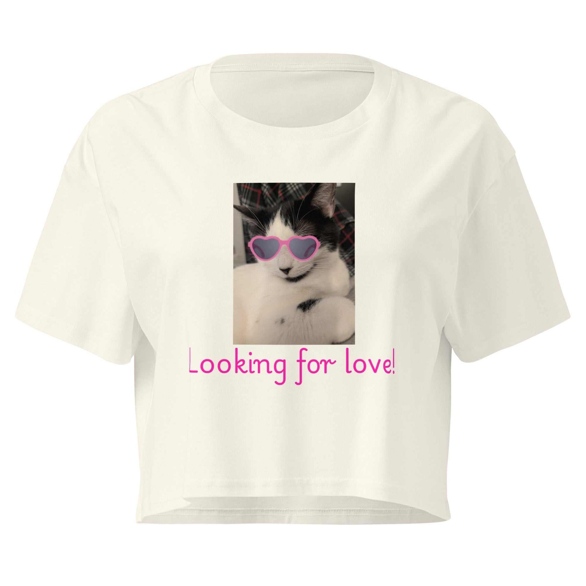 Cat Wearing Pink Sunglasses Crop Top - Looking For Love Natural Color Cotton Women’s Top - Greg's AZ Store