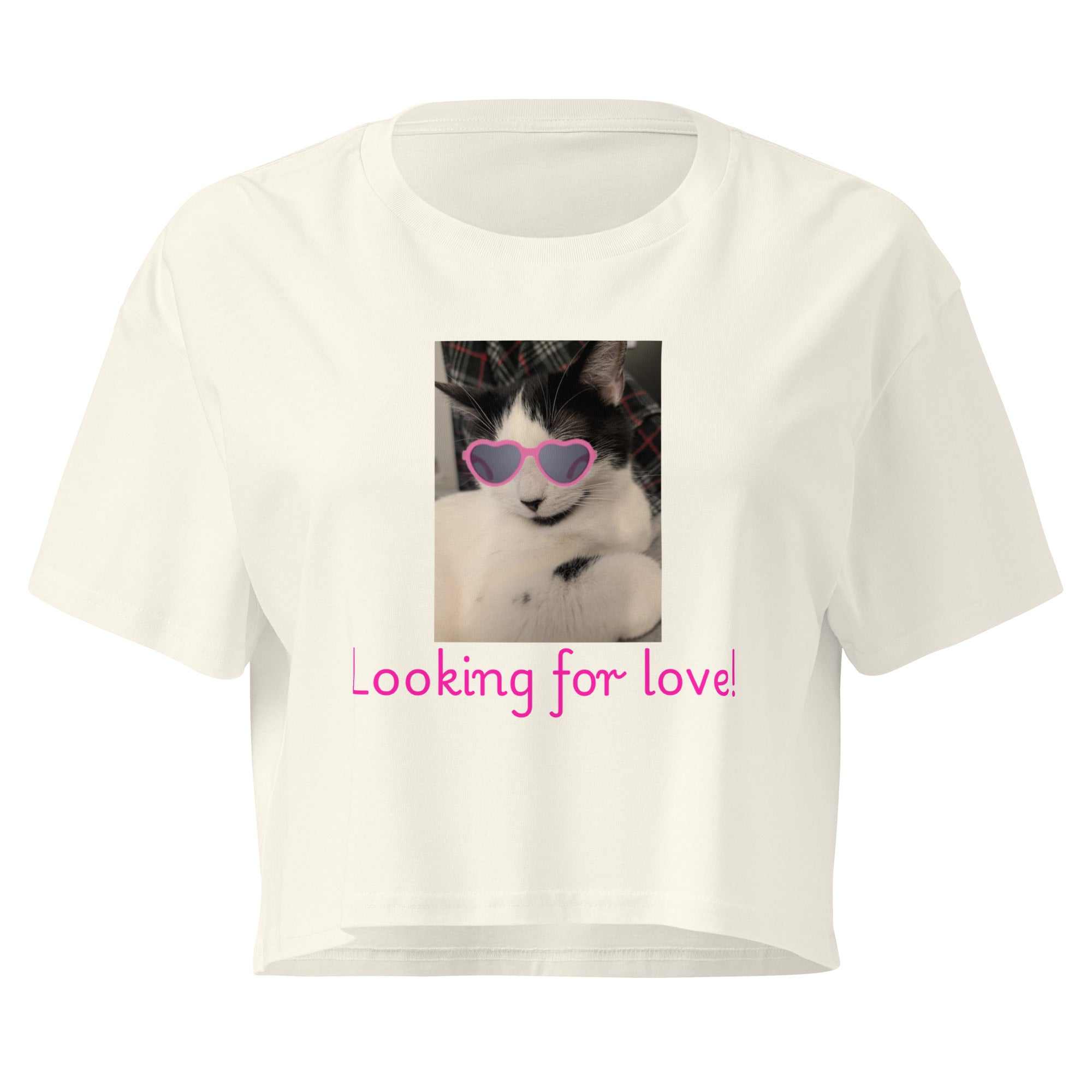 Cat Wearing Pink Sunglasses Crop Top - Looking For Love Natural Color Cotton Women’s Top - Greg's AZ Store