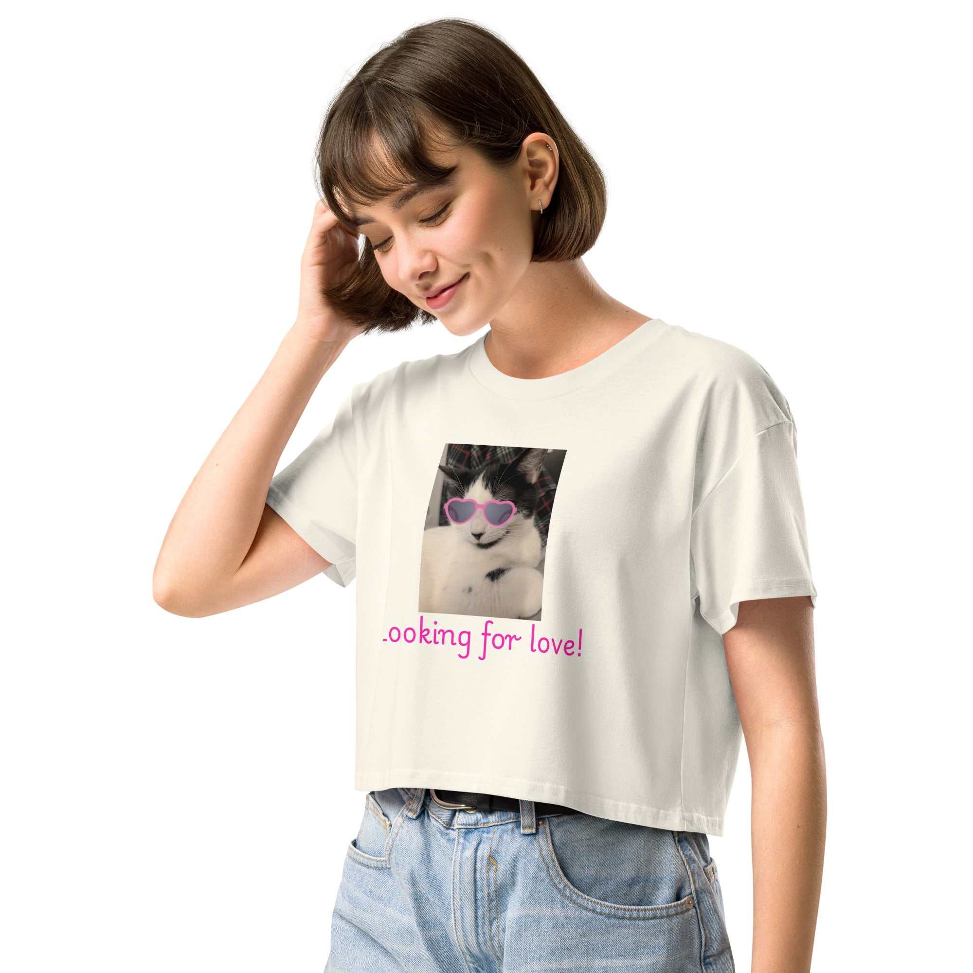 Cat Wearing Pink Sunglasses Crop Top - Looking For Love Natural Color Cotton Women’s Top - Greg's AZ Store
