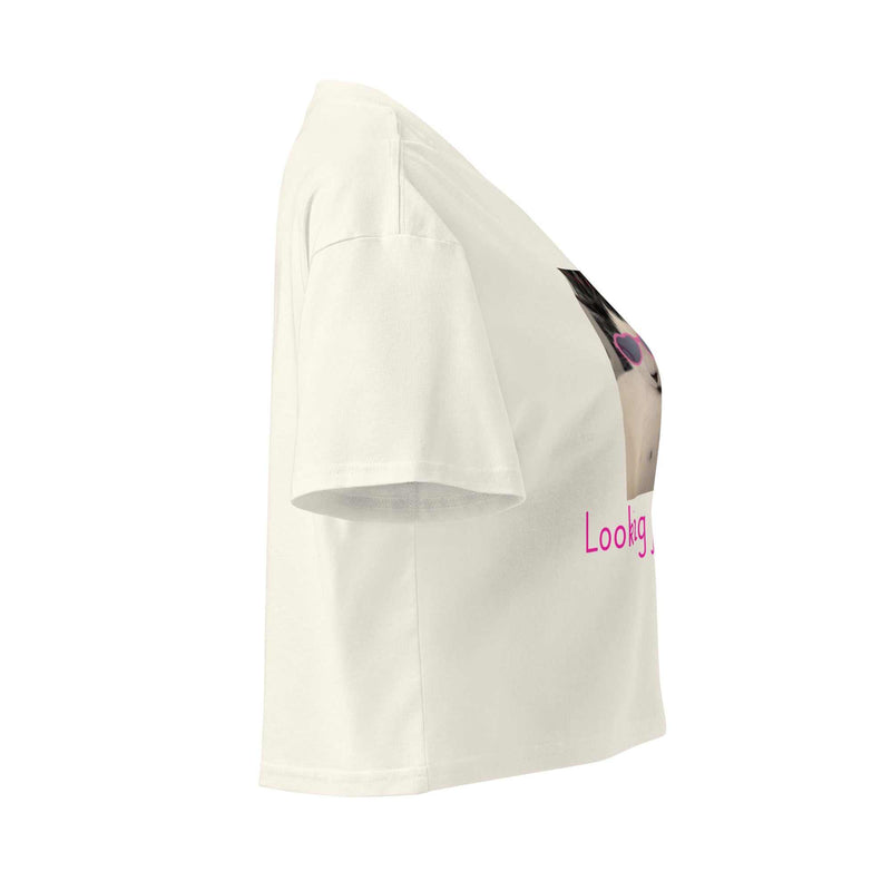 Cat Wearing Pink Sunglasses Crop Top - Looking For Love Natural Color Cotton Women’s Top - Greg's AZ Store