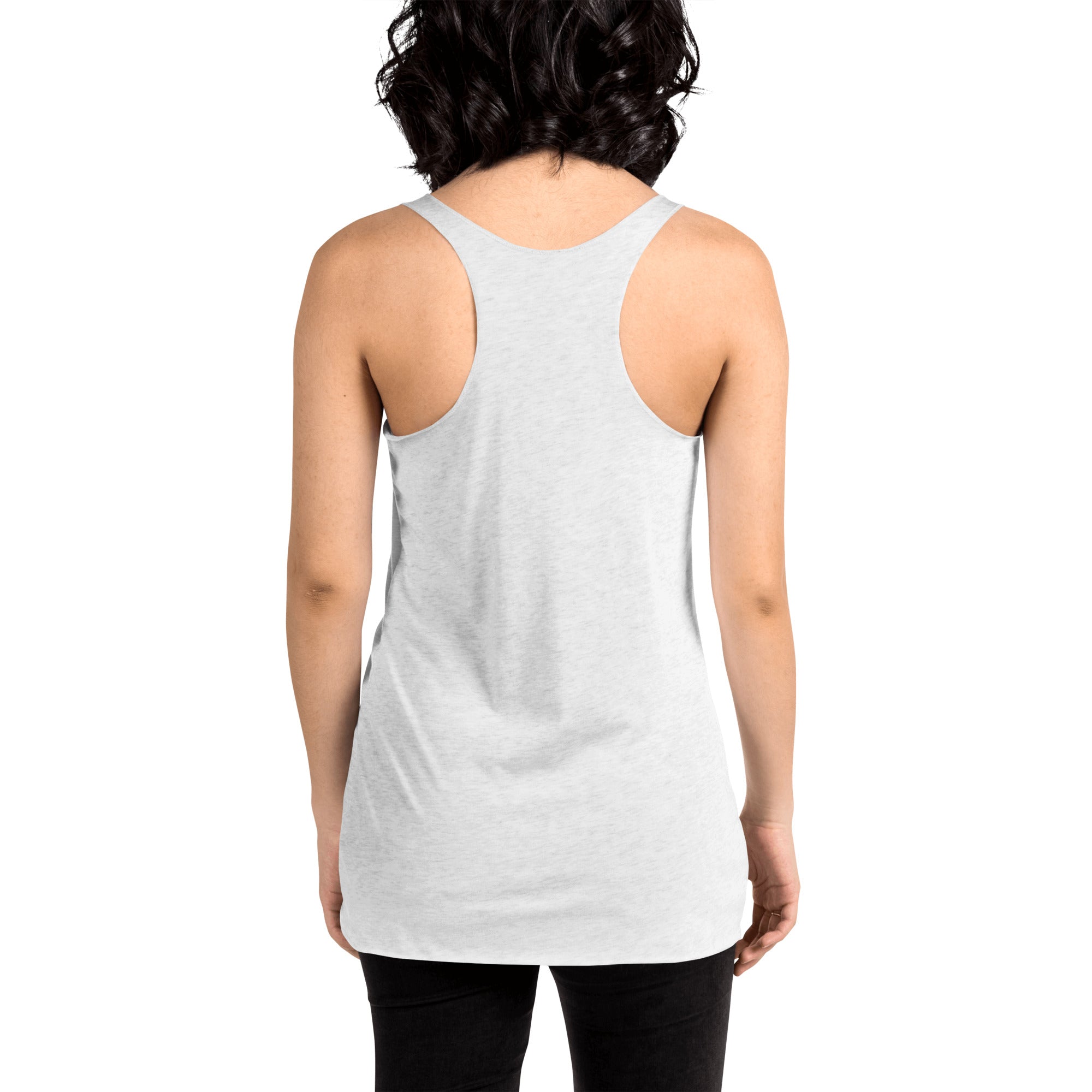 Back view of a person wearing a light grey racerback tank top