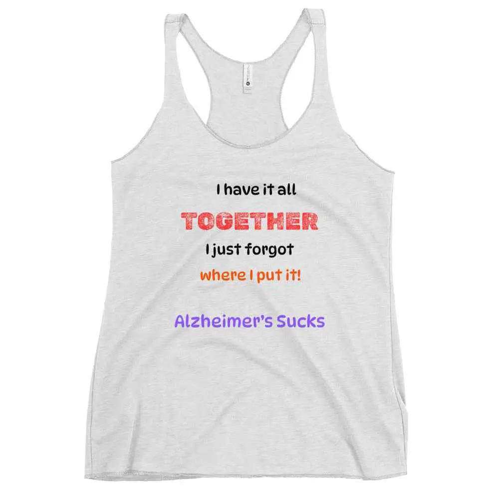 Grey racerback tank top with Alzheimer's awareness text printed on the front
