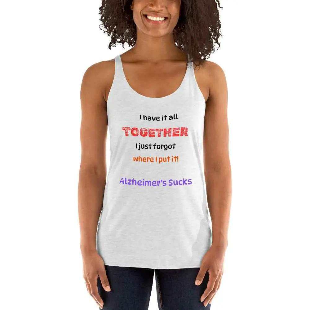 Woman wearing white racerback tank top with Alzheimer's awareness text