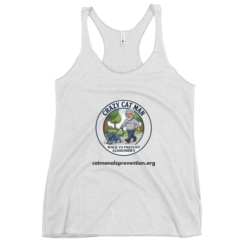 Light grey racerback tank top featuring a circular graphic of a man walking a cat with text about Alzheimer prevention