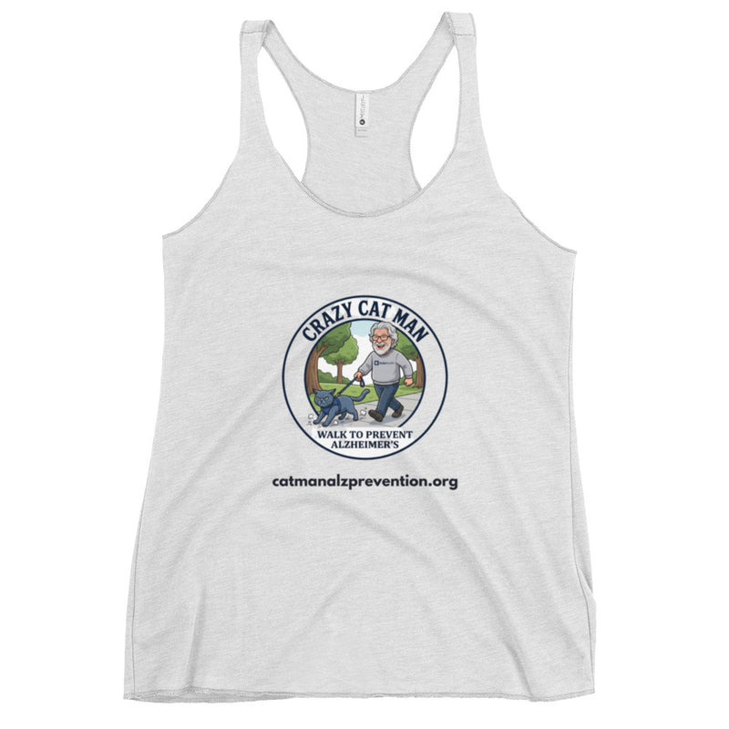 Light grey racerback tank top featuring a circular graphic of a man walking a cat with text about Alzheimer prevention